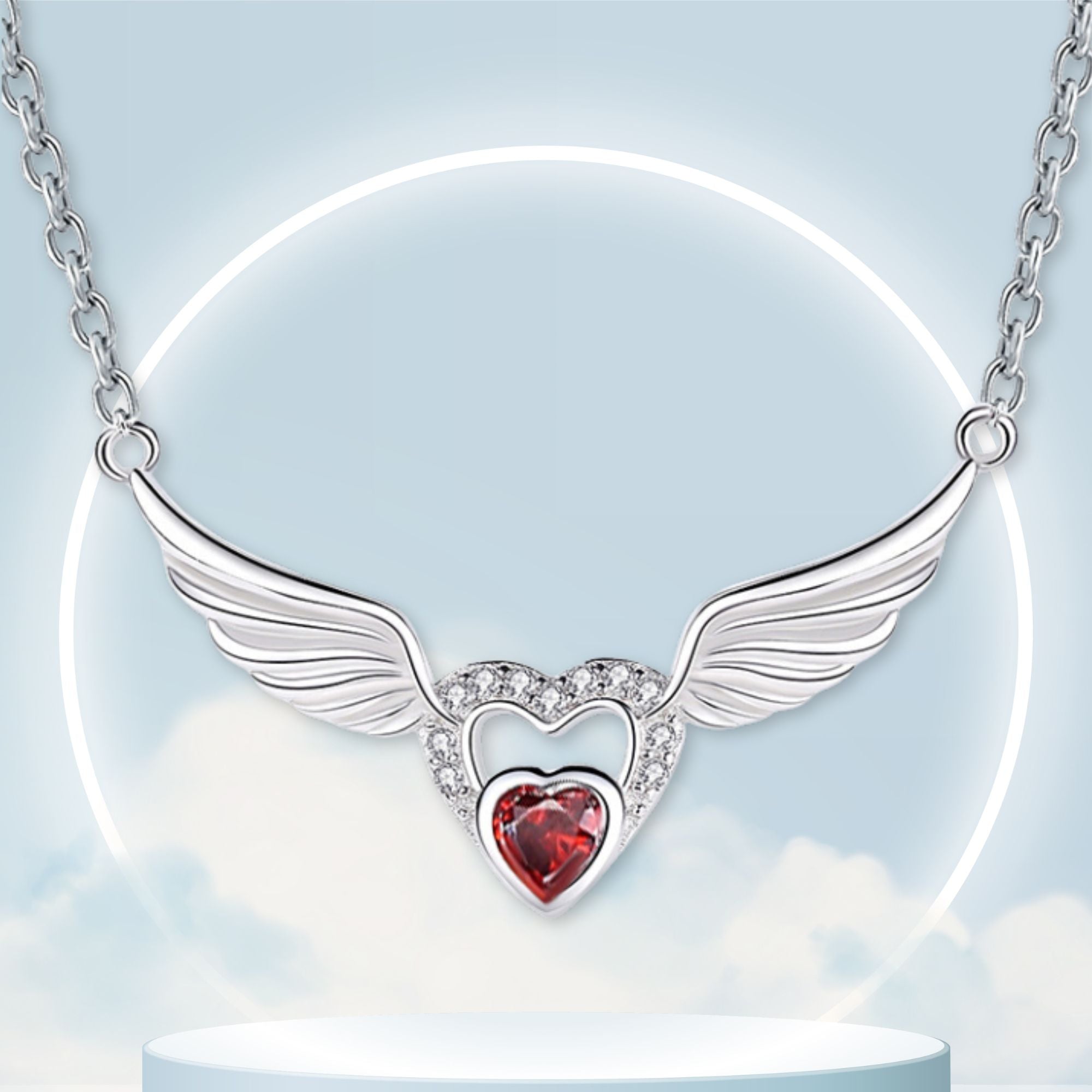 Angel Wings and Heart Sterling Silver Pendant - Clear, Blue or Red - Jesus Passion Apparel