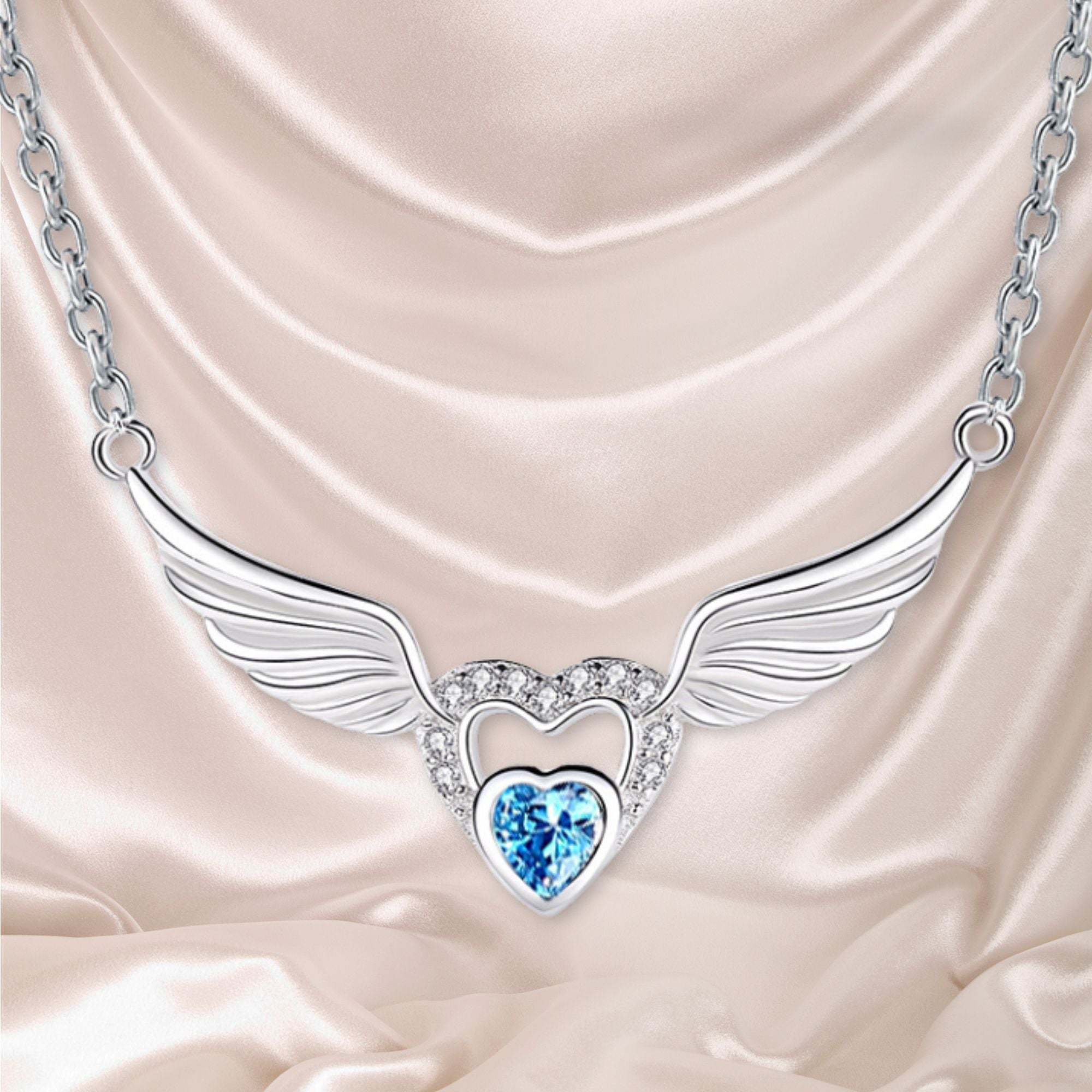 Angel Wings and Heart Sterling Silver Pendant - Clear, Blue or Red - Jesus Passion Apparel