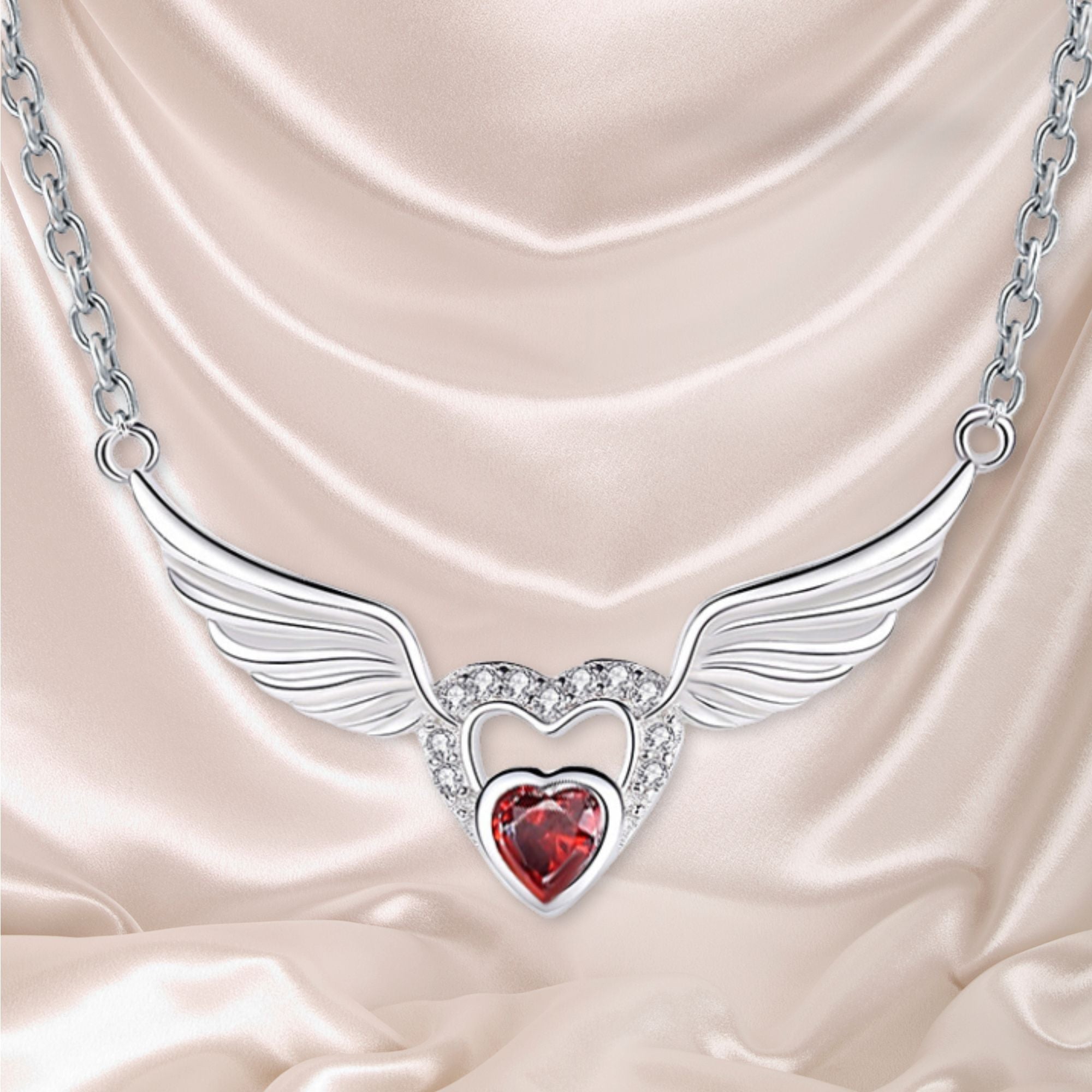 Angel Wings and Heart Sterling Silver Pendant - Clear, Blue or Red - Jesus Passion Apparel