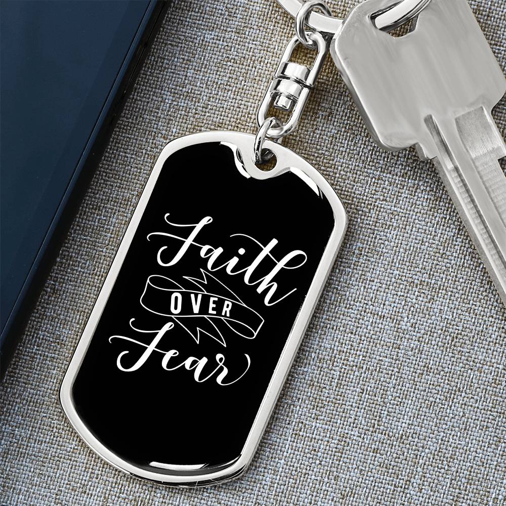 Faith Over Fear - Silver Dog Tag with Swivel Keychain Engraving: No Jesus Passion Apparel