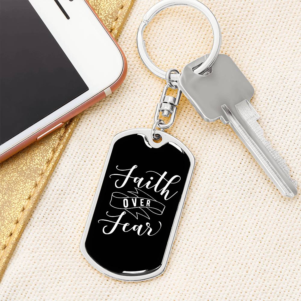 Faith Over Fear - Silver Dog Tag with Swivel Keychain Engraving: No Jesus Passion Apparel