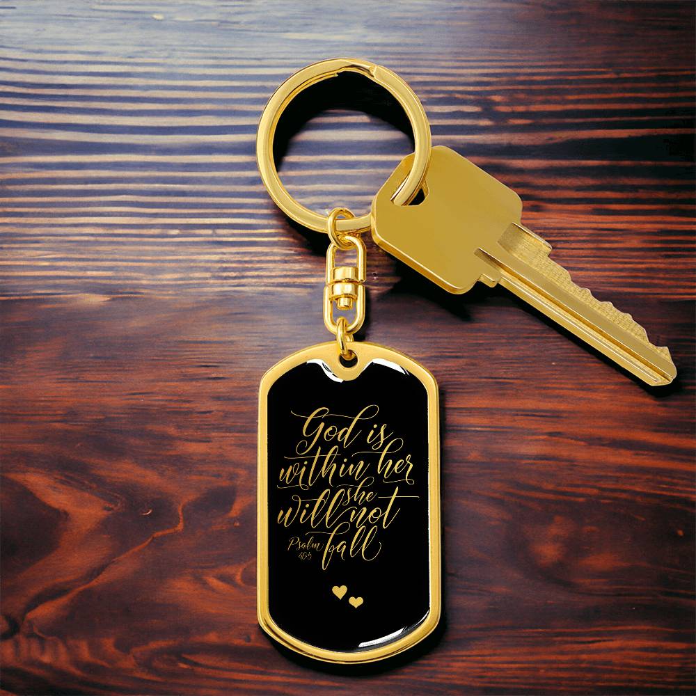 God is Within Her - Gold Dog Tag with Swivel Keychain Engraving: No Jesus Passion Apparel
