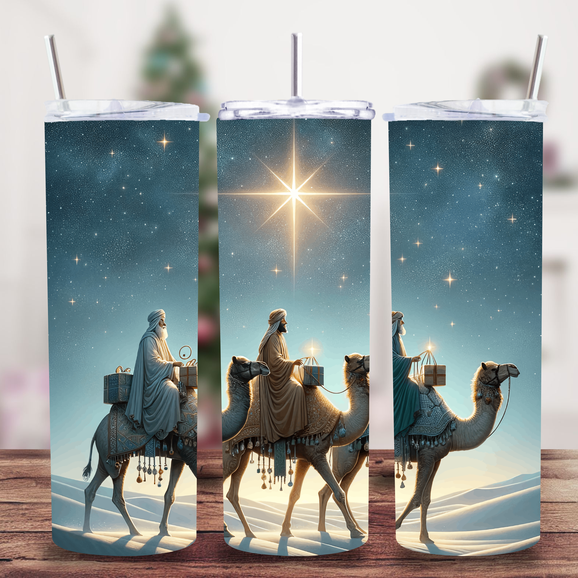 Three Wise Men 20 oz Christmas Tumbler with reusable Stainless Steel Straw Size: 20oz Color: White Jesus Passion Apparel