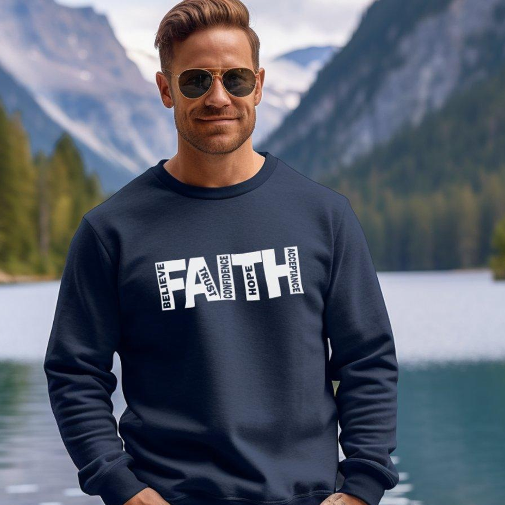 Faith Believe Trust Hope Acceptance Men's Fleece Unisex-Fit Sweatshirt - Navy Size: S Color: Navy Jesus Passion Apparel