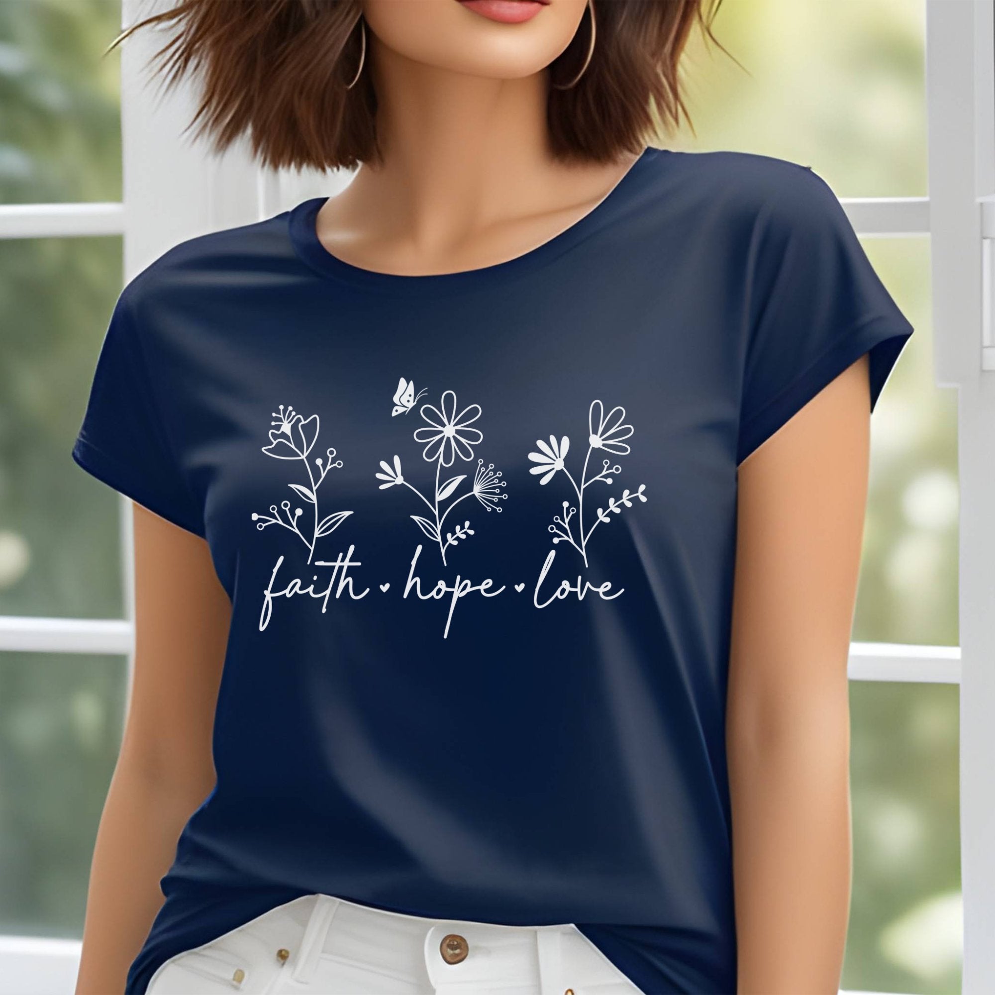 Faith Hope Love Floral Women's Short Sleeve Tee Size: XS Color: Navy Jesus Passion Apparel