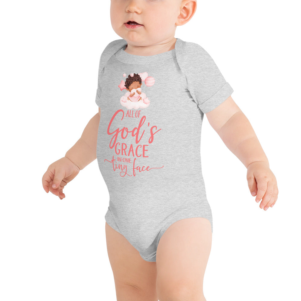 All Of Gods Grace in One Tiny Face Bodysuit Personalized Baby Girl Dark Hair Color: Pink Size: 3-6m Jesus Passion Apparel