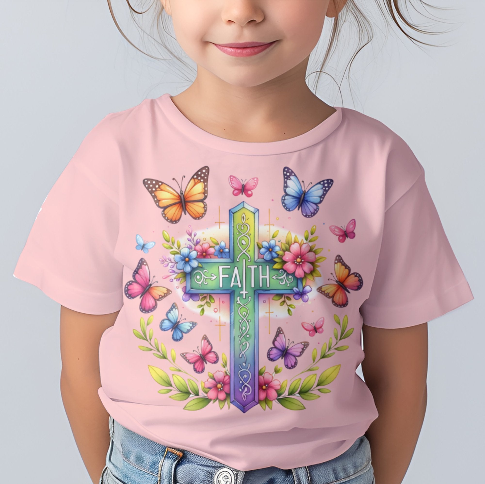 Faith Cross and Butterflies Toddler Short Sleeve Tee Size: 5/6T Color: Pink Jesus Passion Apparel