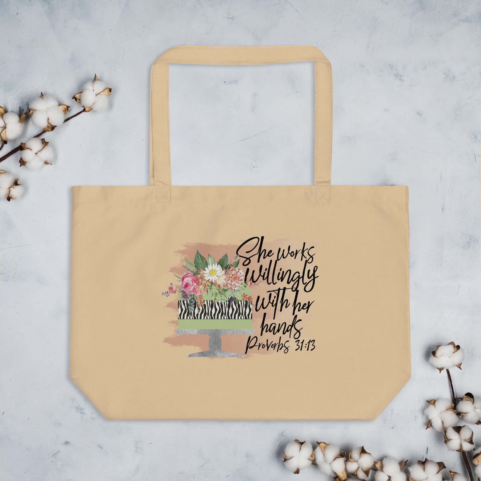 Baker - She Works Willingly Large Organic Tote Bag - Matching Women's T-shirt Available - Jesus Passion Apparel