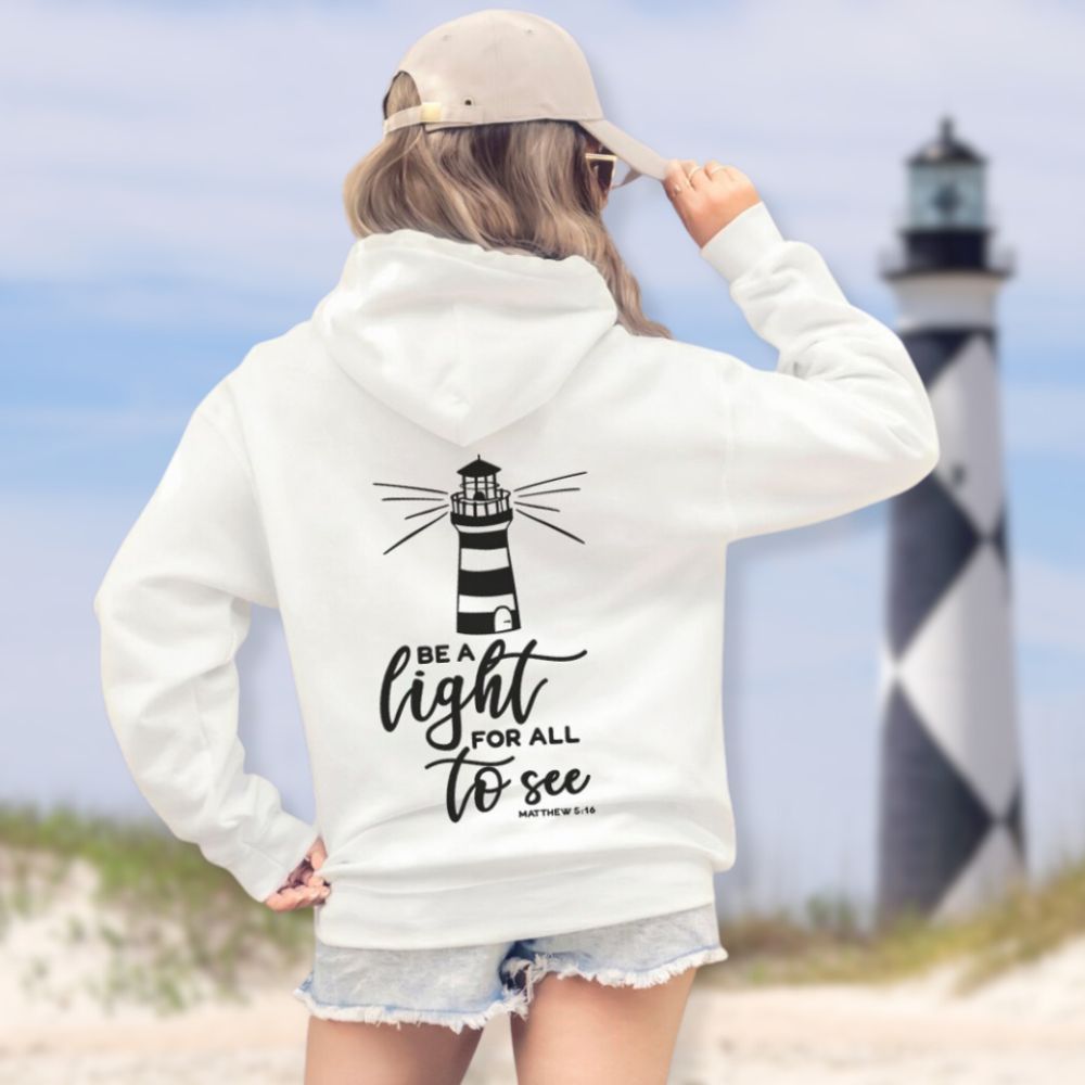 Be a Light for All to See Lighthouse Unisex - Fit Hoodie - White / Light Blue - Jesus Passion Apparel