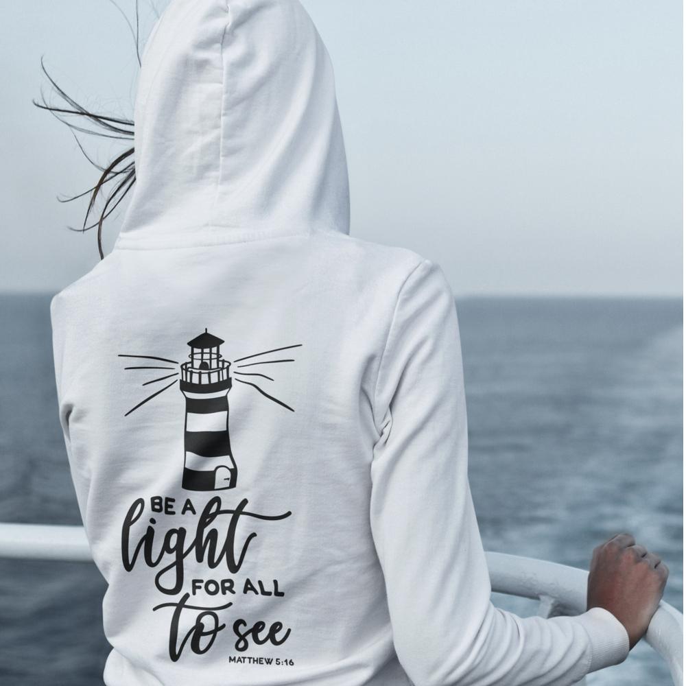 Be a Light for All to See Lighthouse Unisex - Fit Hoodie - White / Light Blue - Jesus Passion Apparel