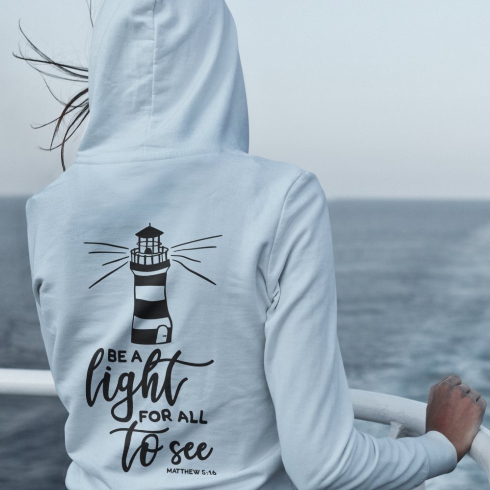 Be a Light for All to See Lighthouse Unisex - Fit Hoodie - White / Light Blue - Jesus Passion Apparel