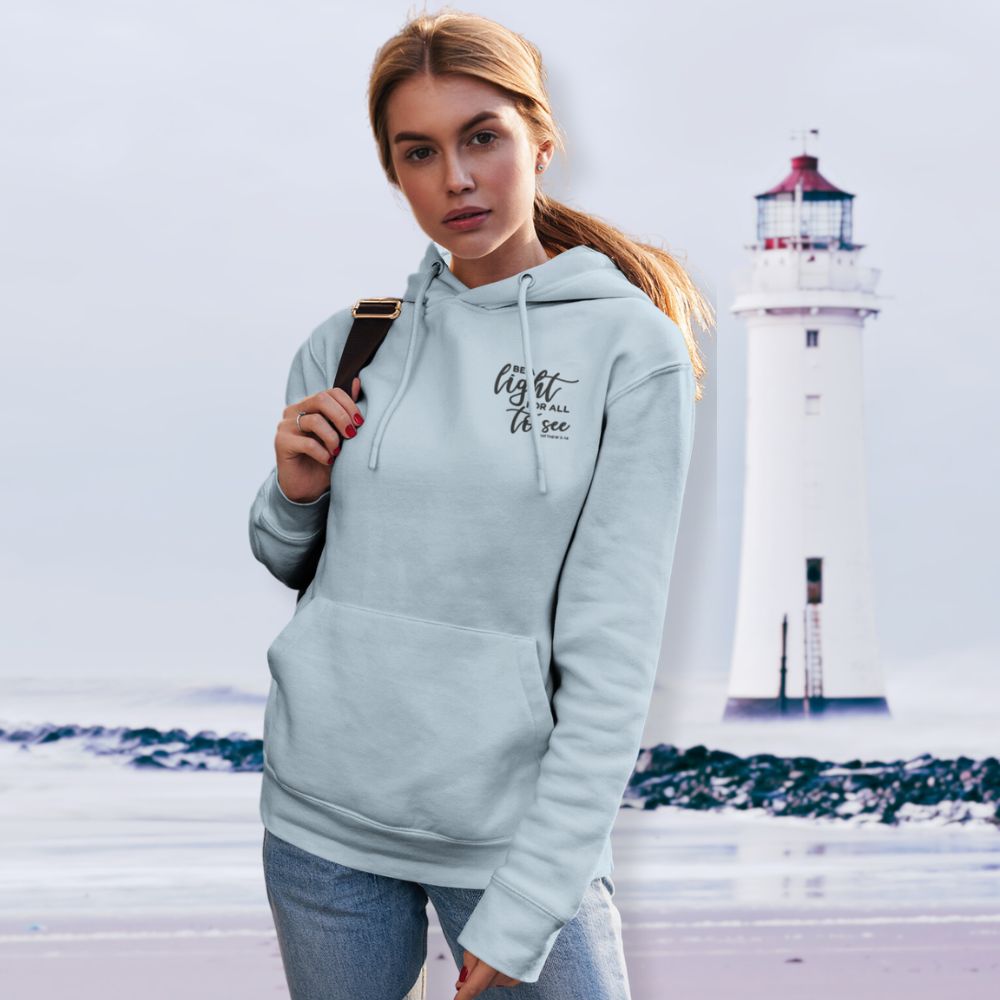 Be a Light for All to See Lighthouse Unisex - Fit Hoodie - White / Light Blue - Jesus Passion Apparel