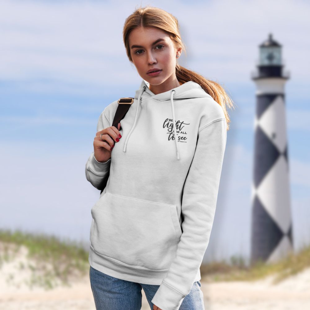 Be a Light for All to See Lighthouse Unisex - Fit Hoodie - White / Light Blue - Jesus Passion Apparel