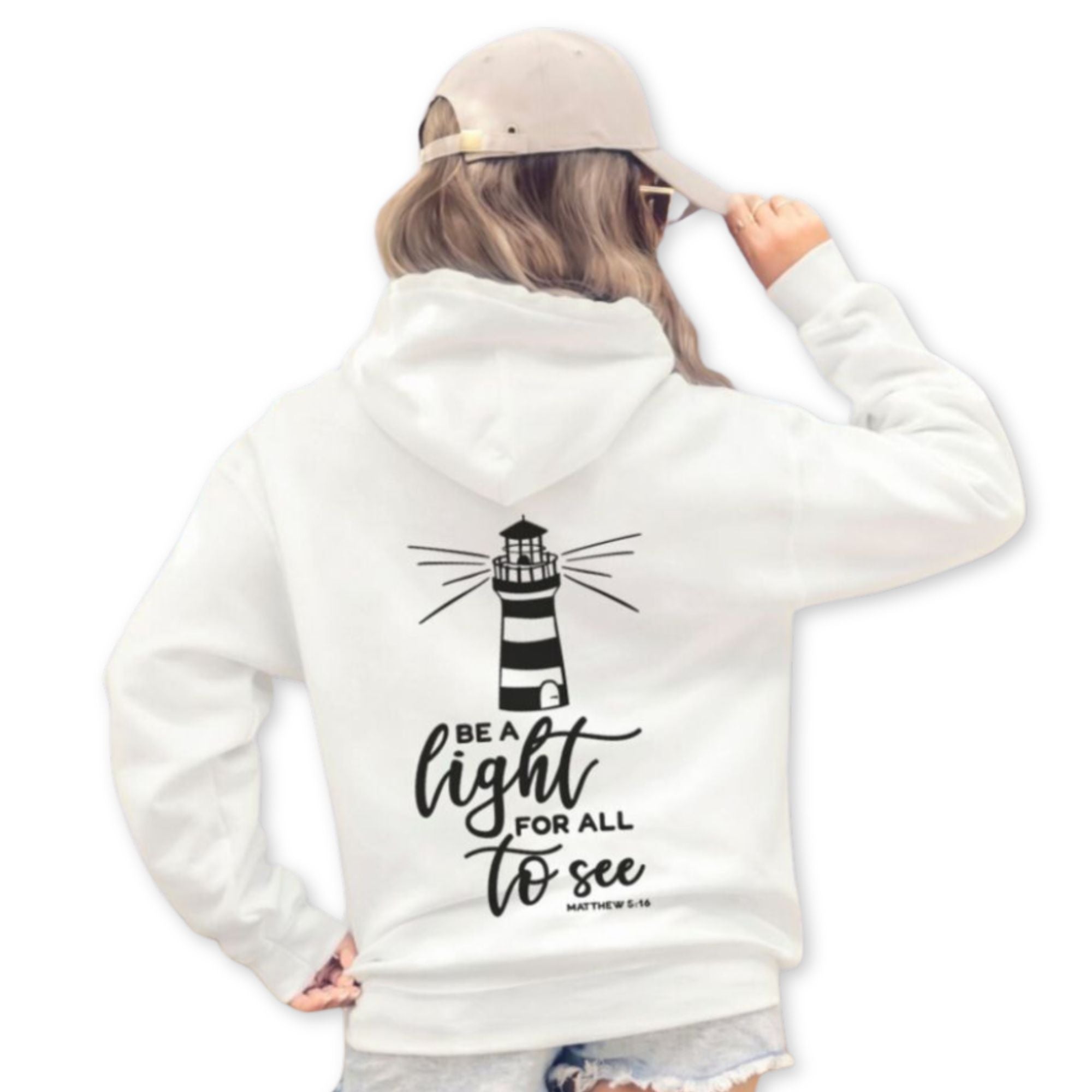 Be a Light for All to See Lighthouse Unisex - Fit Hoodie - White / Light Blue - Jesus Passion Apparel