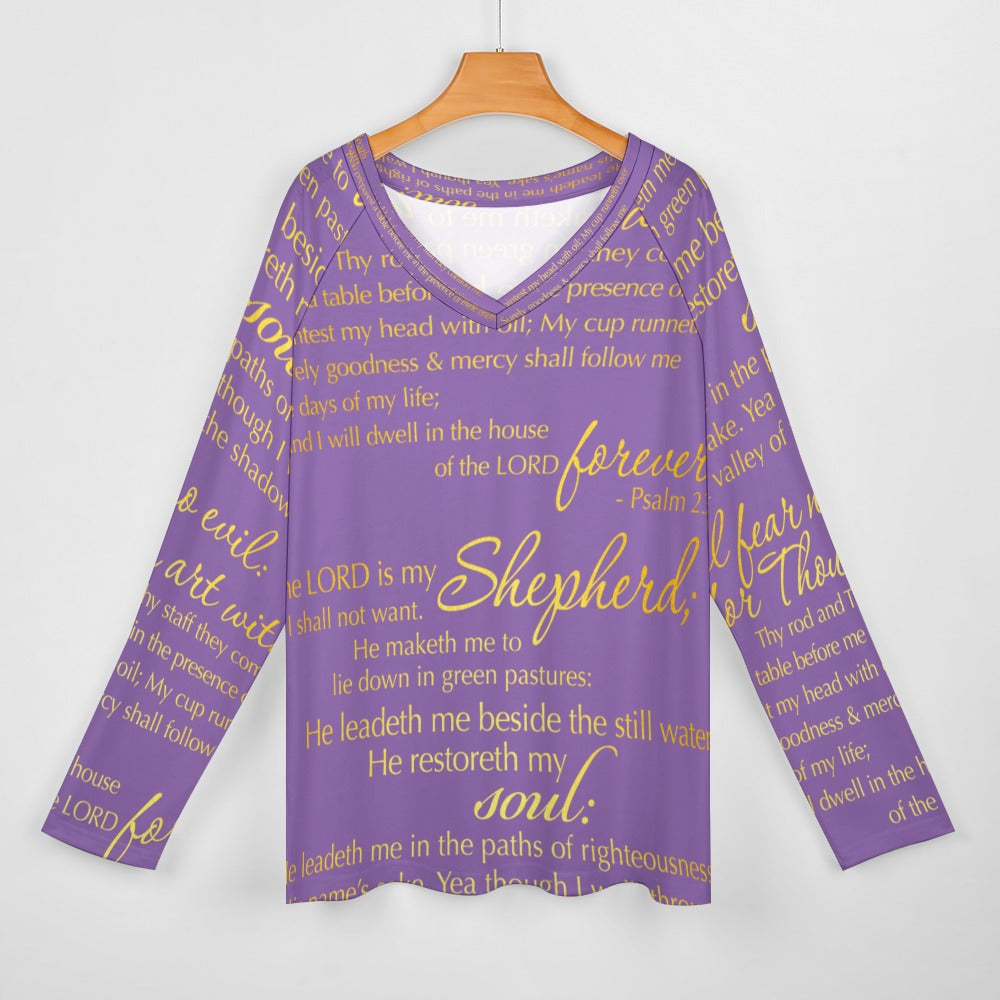 The Lord's Prayer Women's Long Sleeve Loose V-Neck Tee - Purple Size: S Color: MediumPurple Jesus Passion Apparel