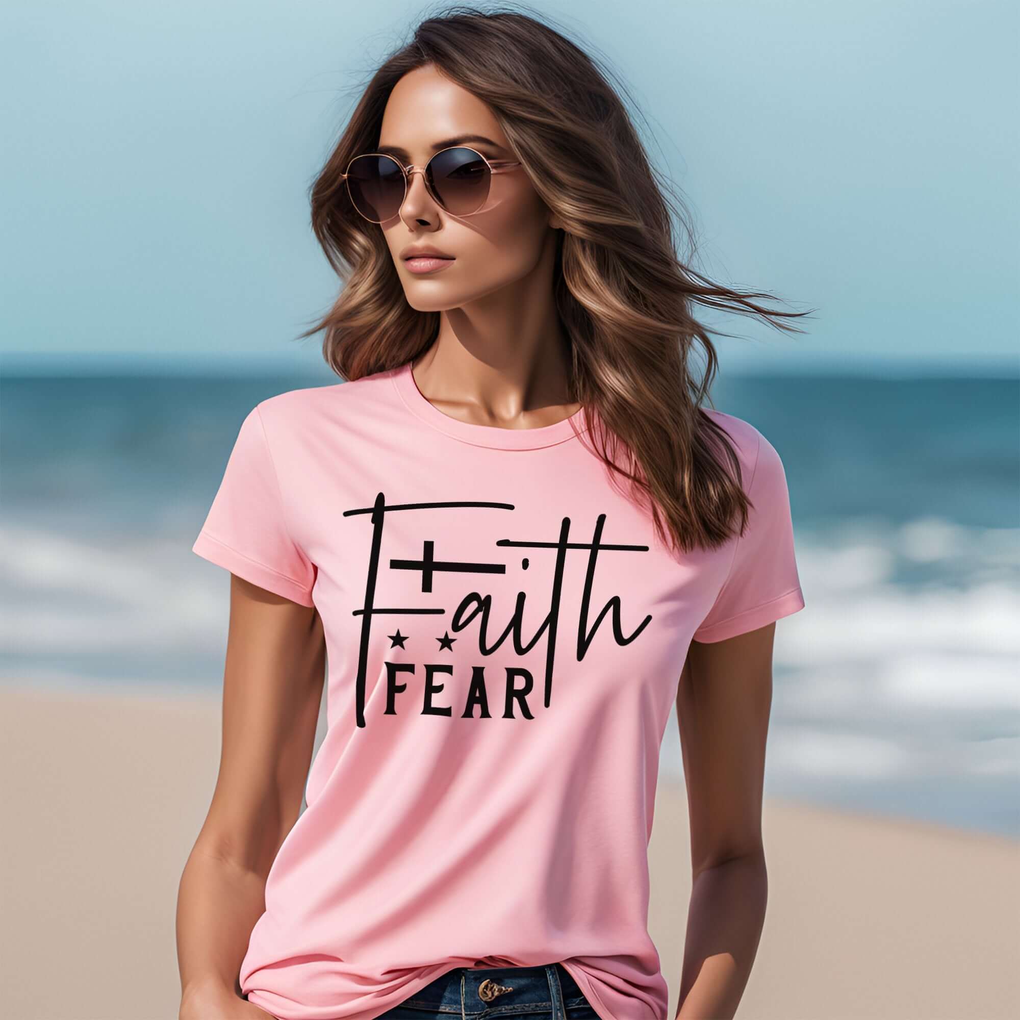 T-Shirts & TopsEnhance your wardrobe with this stylish and meaningful T-shirt featuring the powerful message "Faith Over Fear" in a chic handwritten script. Perfect for daily wear, it offers both comfort and inspiration. The minimalist design with a beaut