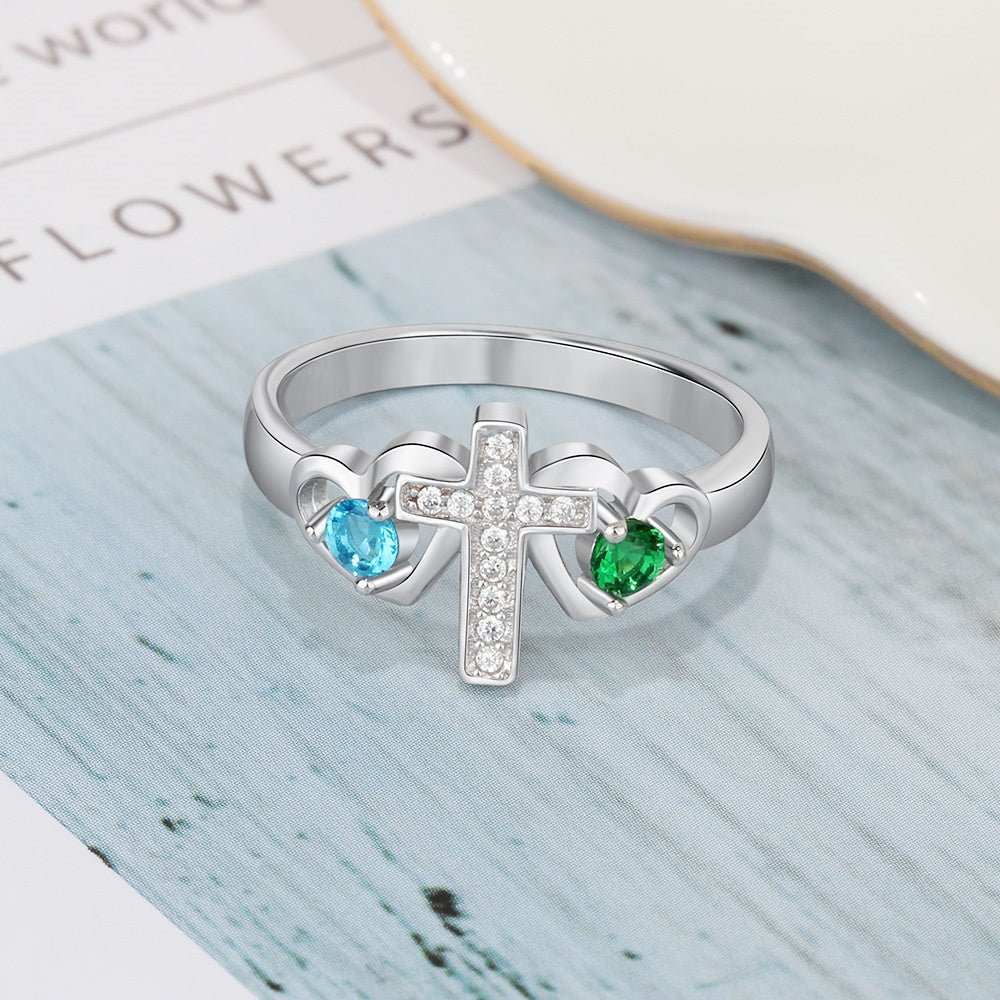 Birthstones Cross Ring Sterling Silver Gold Plated, Rose Gold Plated, White Gold Plated - Jesus Passion Apparel