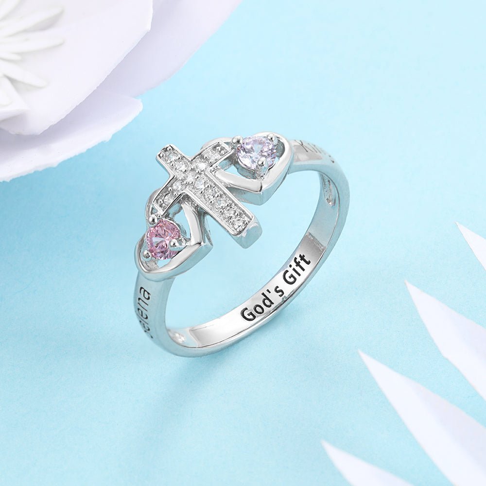 Birthstones Cross Ring Sterling Silver Gold Plated, Rose Gold Plated, White Gold Plated - Jesus Passion Apparel