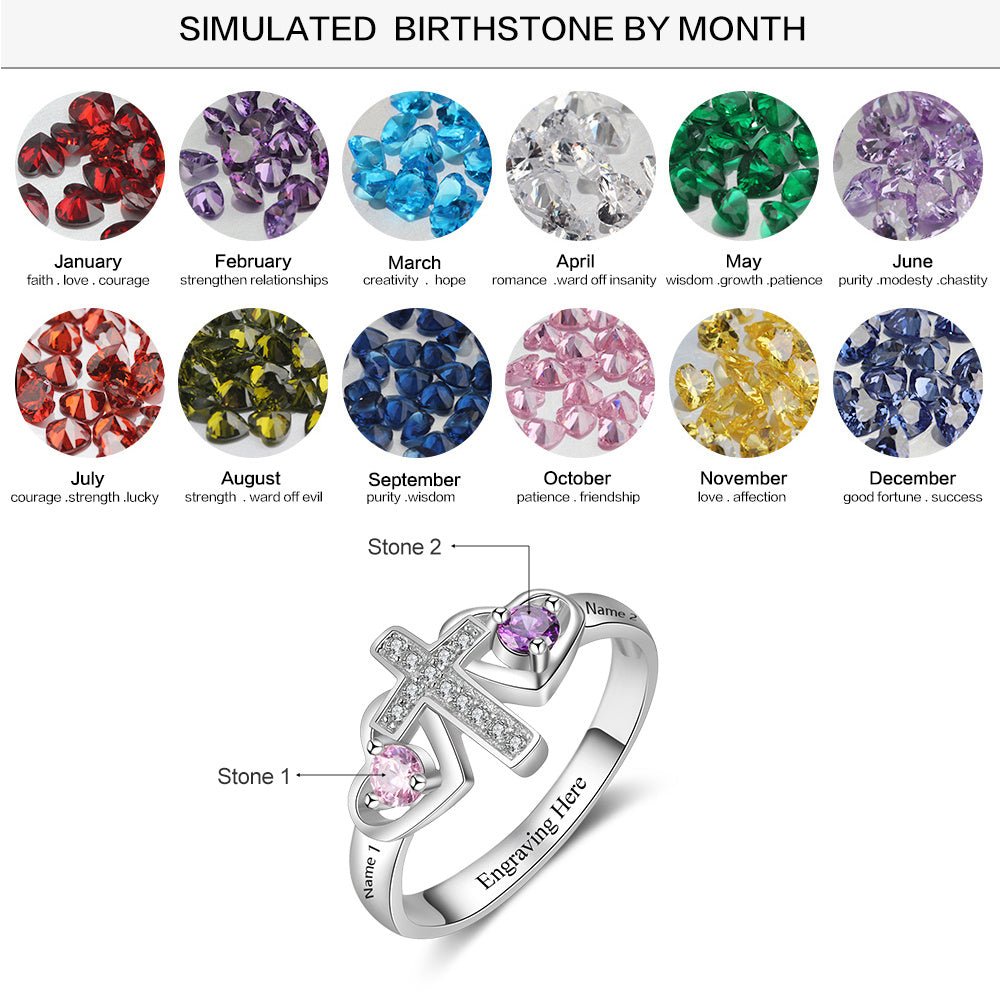 Birthstones Cross Ring Sterling Silver Gold Plated, Rose Gold Plated, White Gold Plated - Jesus Passion Apparel