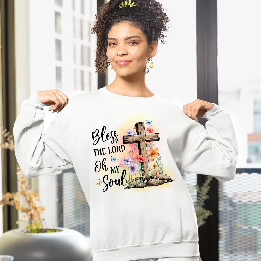 Bless the Lord Oh my Soul Women's Fleece Unisex - Fit Sweatshirt - Light Pink / White - Jesus Passion Apparel