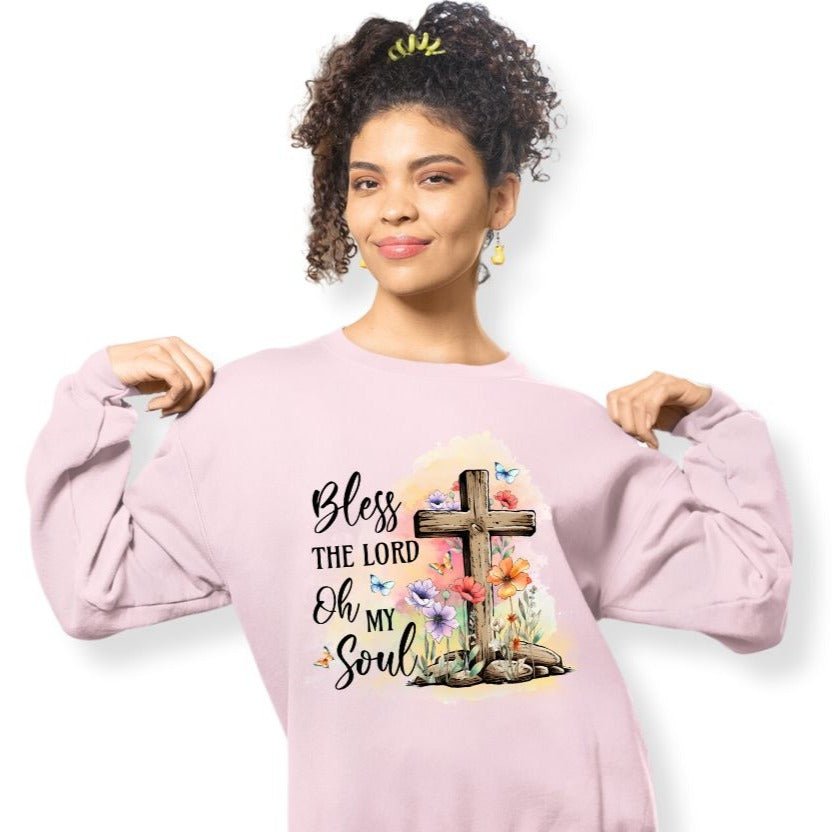 Bless the Lord Oh my Soul Women's Fleece Unisex - Fit Sweatshirt - Light Pink / White - Jesus Passion Apparel