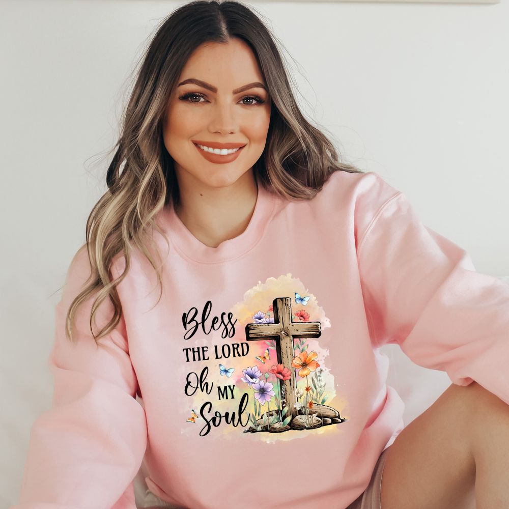 Bless the Lord Oh my Soul Women's Fleece Unisex - Fit Sweatshirt - Light Pink / White - Jesus Passion Apparel