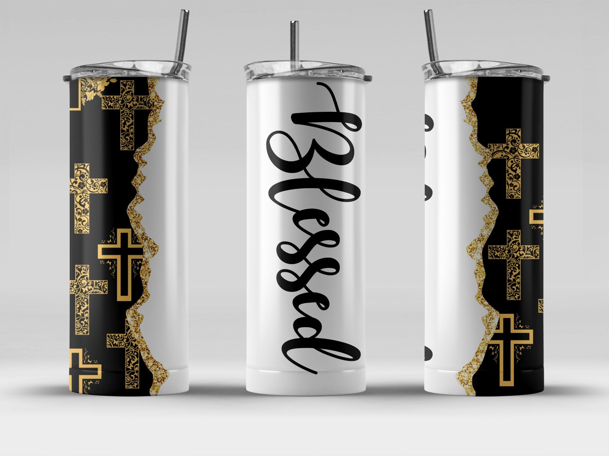 Blessed Gold Crosses Tumbler 20 oz - Stainless Steel Straw - Jesus Passion Apparel