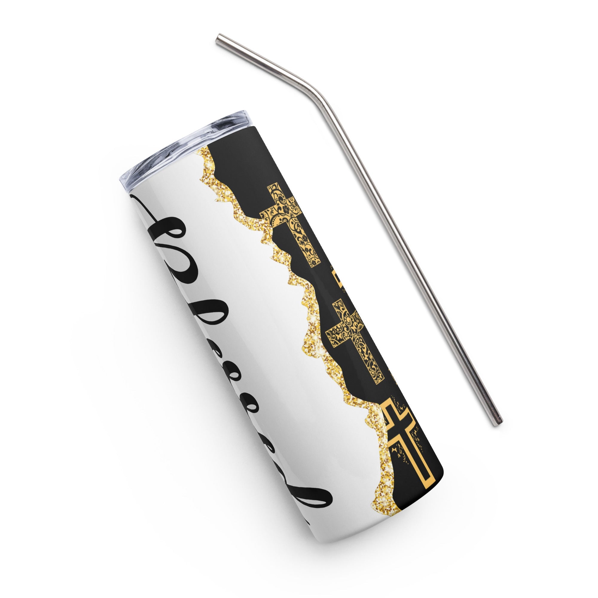 Blessed Gold Crosses Tumbler 20 oz - Stainless Steel Straw - Jesus Passion Apparel