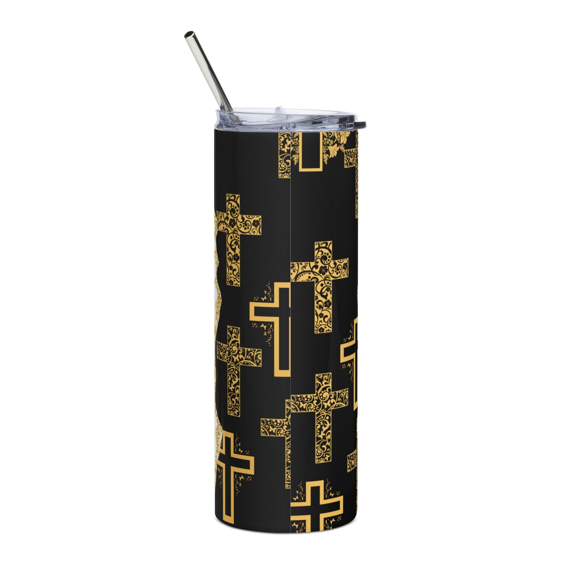 Blessed Gold Crosses Tumbler 20 oz - Stainless Steel Straw - Jesus Passion Apparel