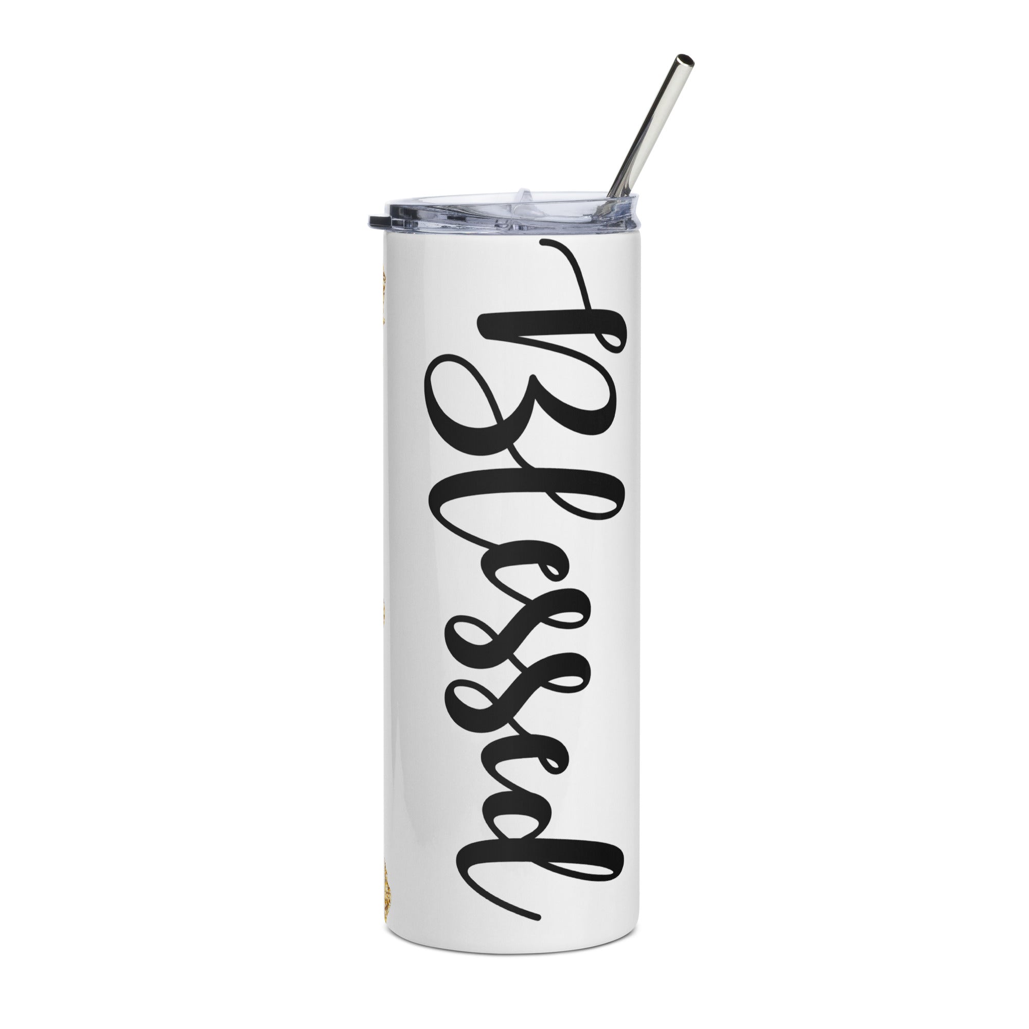 Blessed Gold Crosses Tumbler 20 oz - Stainless Steel Straw - Jesus Passion Apparel