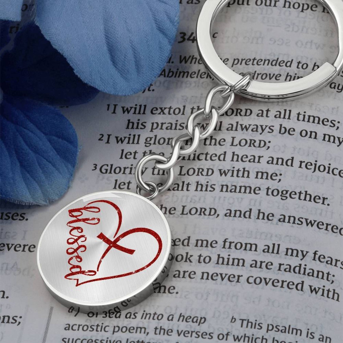 Blessed Heart with Embedded Cross - Red Glitter Circle Keychain - Jesus Passion Apparel