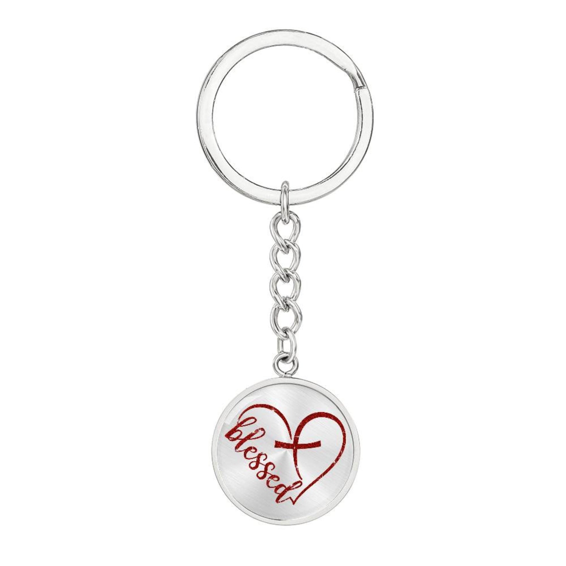 Blessed Heart with Embedded Cross - Red Glitter Circle Keychain - Jesus Passion Apparel