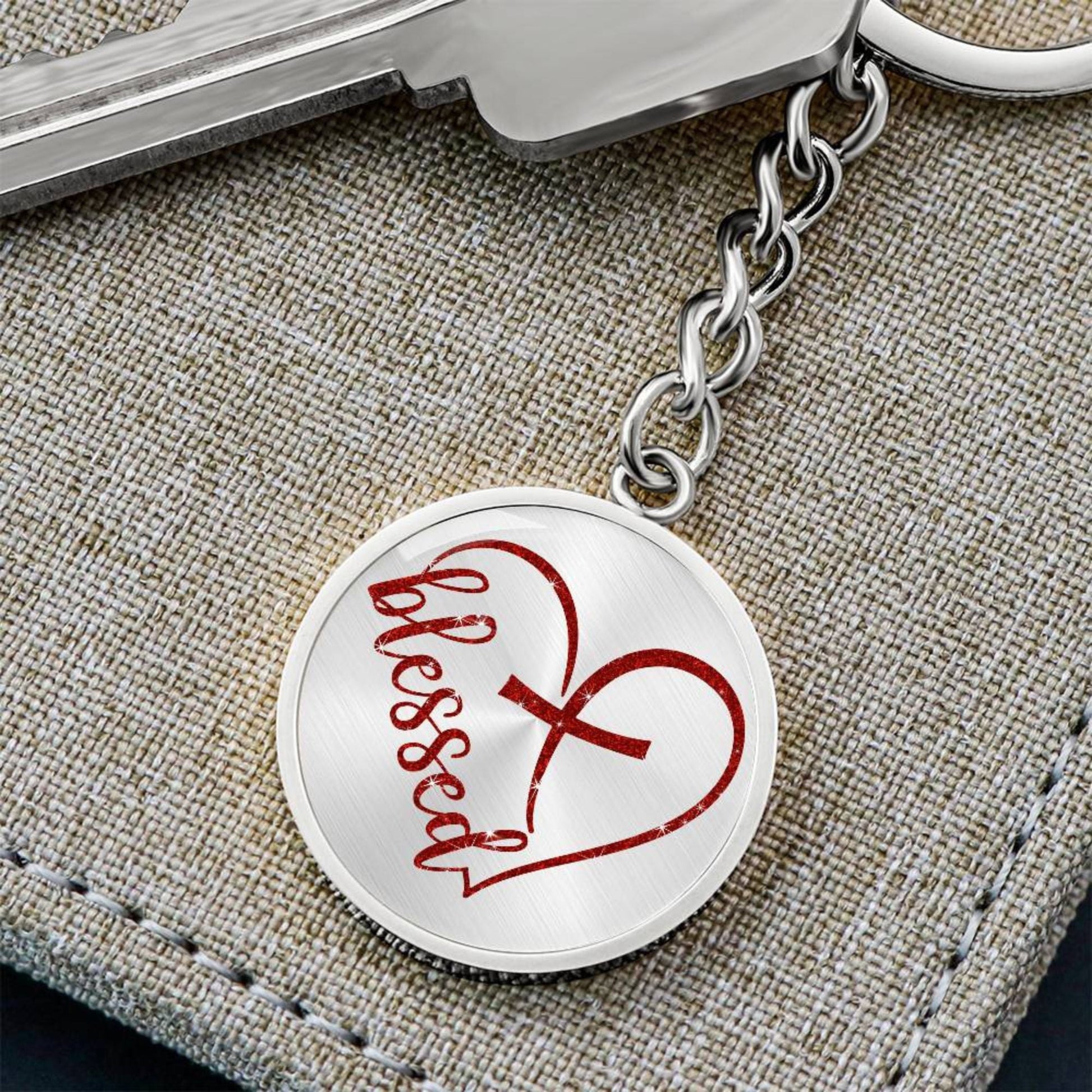 Blessed Heart with Embedded Cross - Red Glitter Circle Keychain - Jesus Passion Apparel