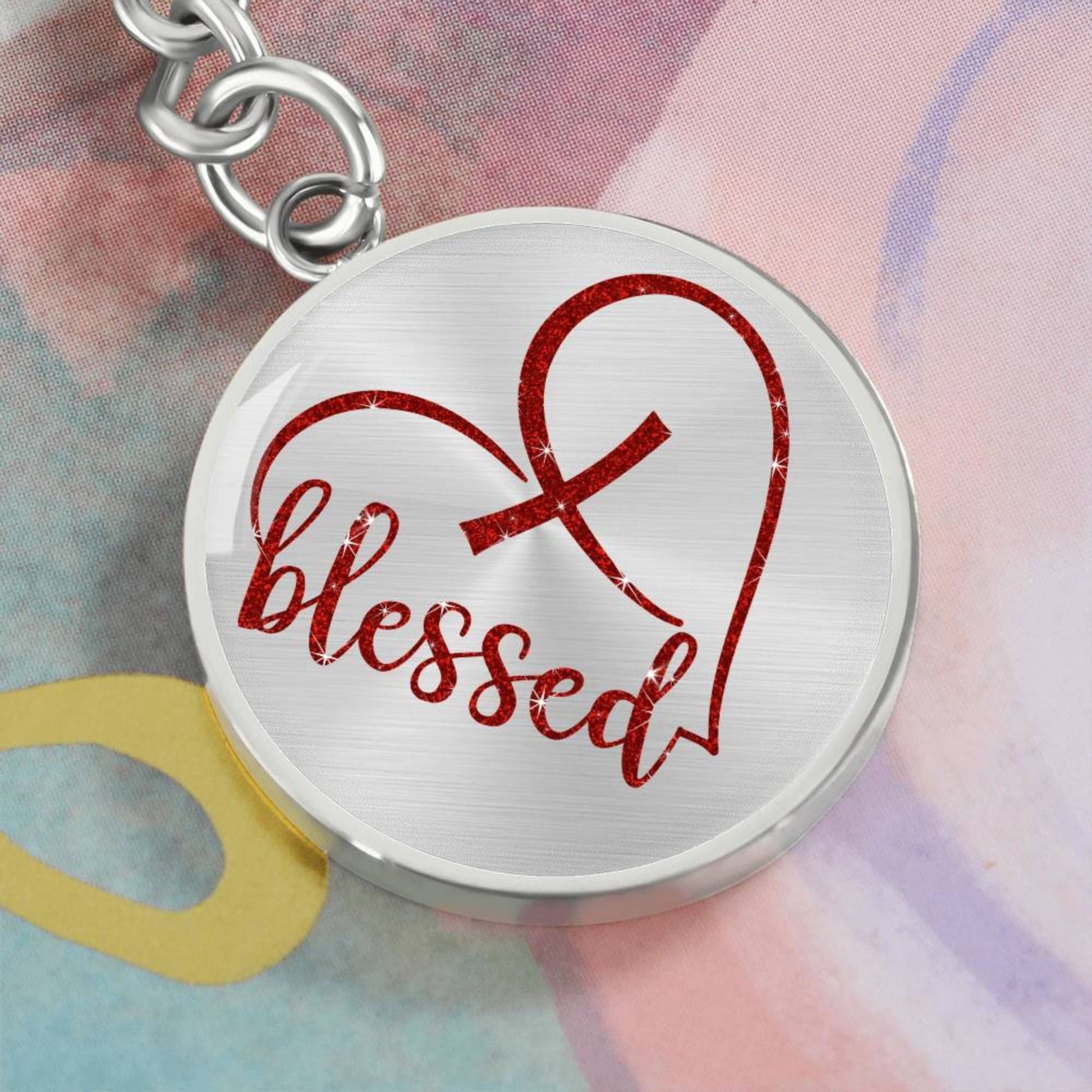 Blessed Heart with Embedded Cross - Red Glitter Circle Keychain - Jesus Passion Apparel