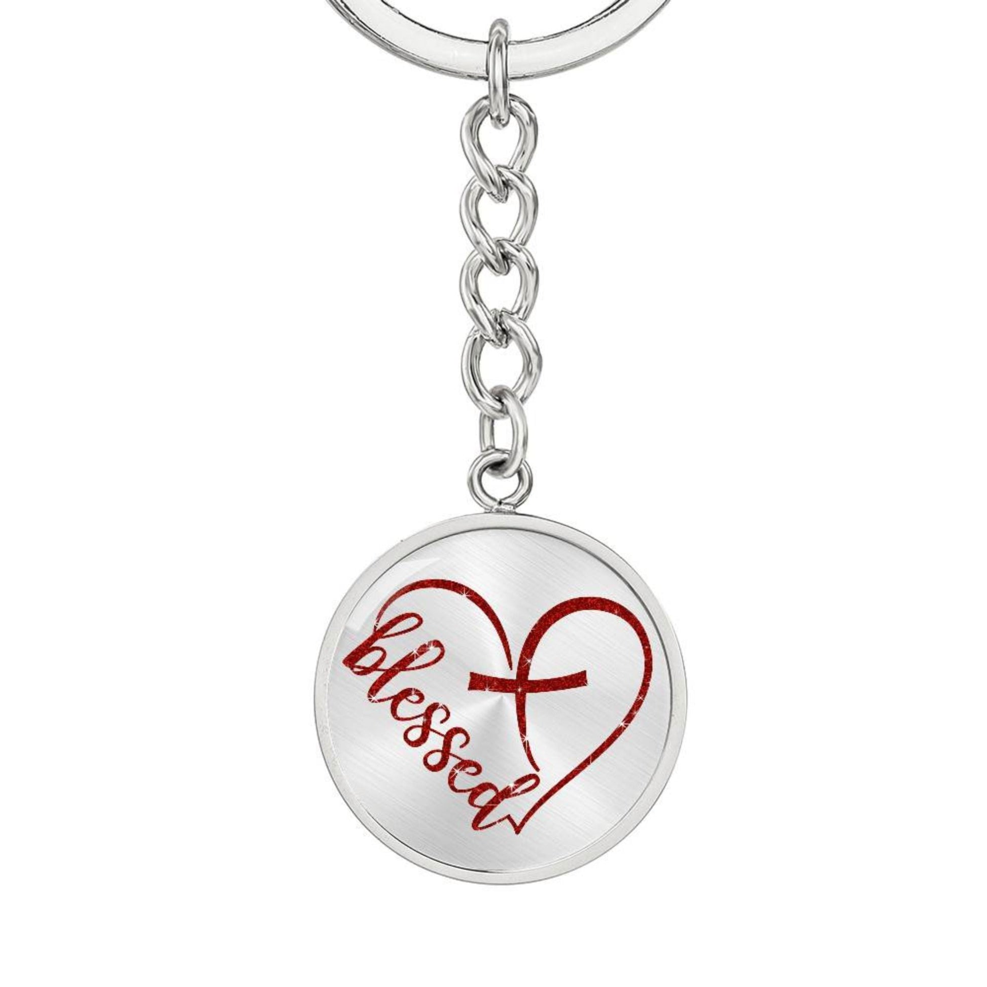 Blessed Heart with Embedded Cross - Red Glitter Circle Keychain - Jesus Passion Apparel