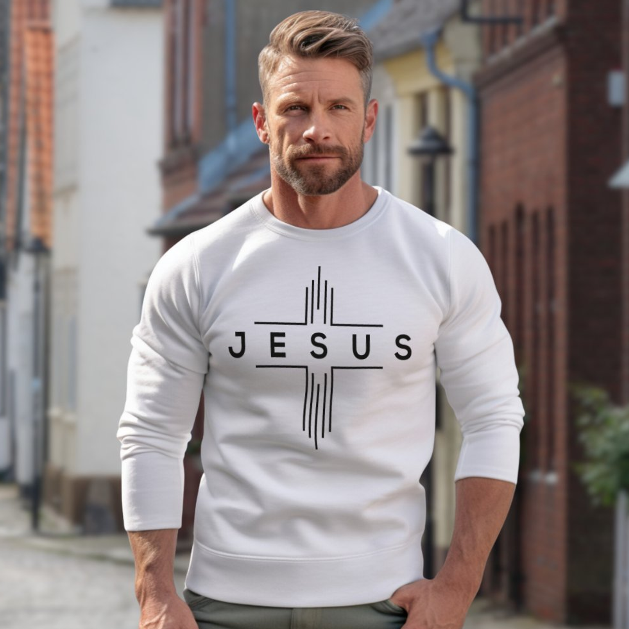 JESUS Modern Cross Men's Unisex-Fit Fleece Sweatshirt - White Size: S Color: White Jesus Passion Apparel