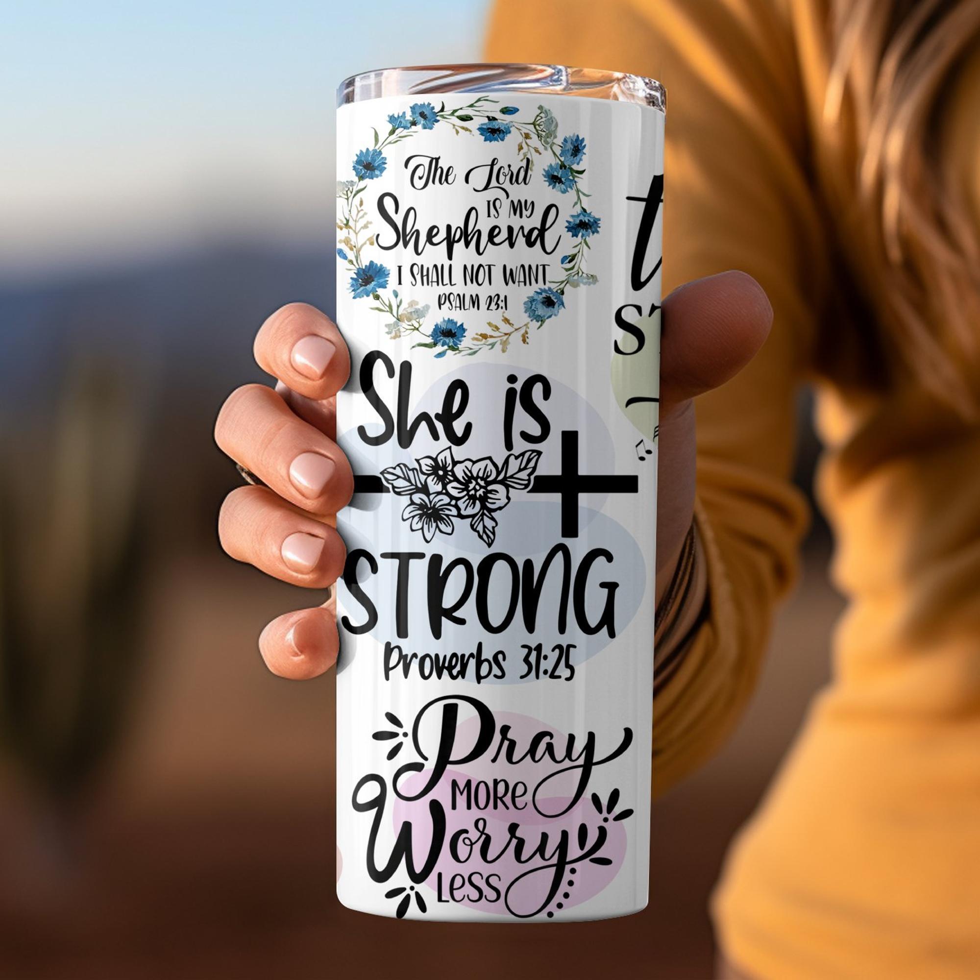 Strong in Christ 20 oz Tumbler with reusable Stainless Steel Straw Size: 20oz Color: White Jesus Passion Apparel