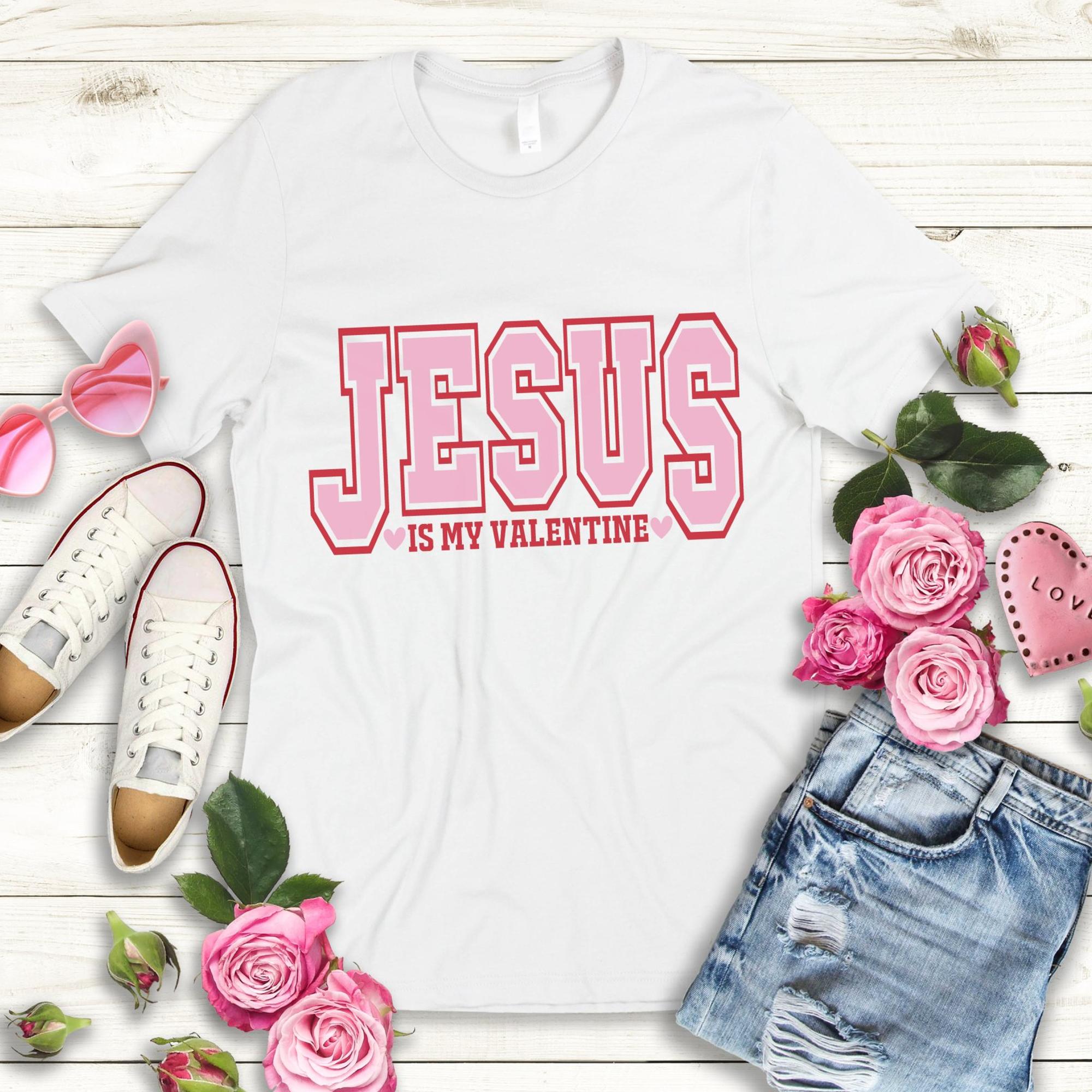 Jesus Valentine University Unisex Jersey Short Sleeve Tee - White / Navy Size: XS Color: White Jesus Passion Apparel