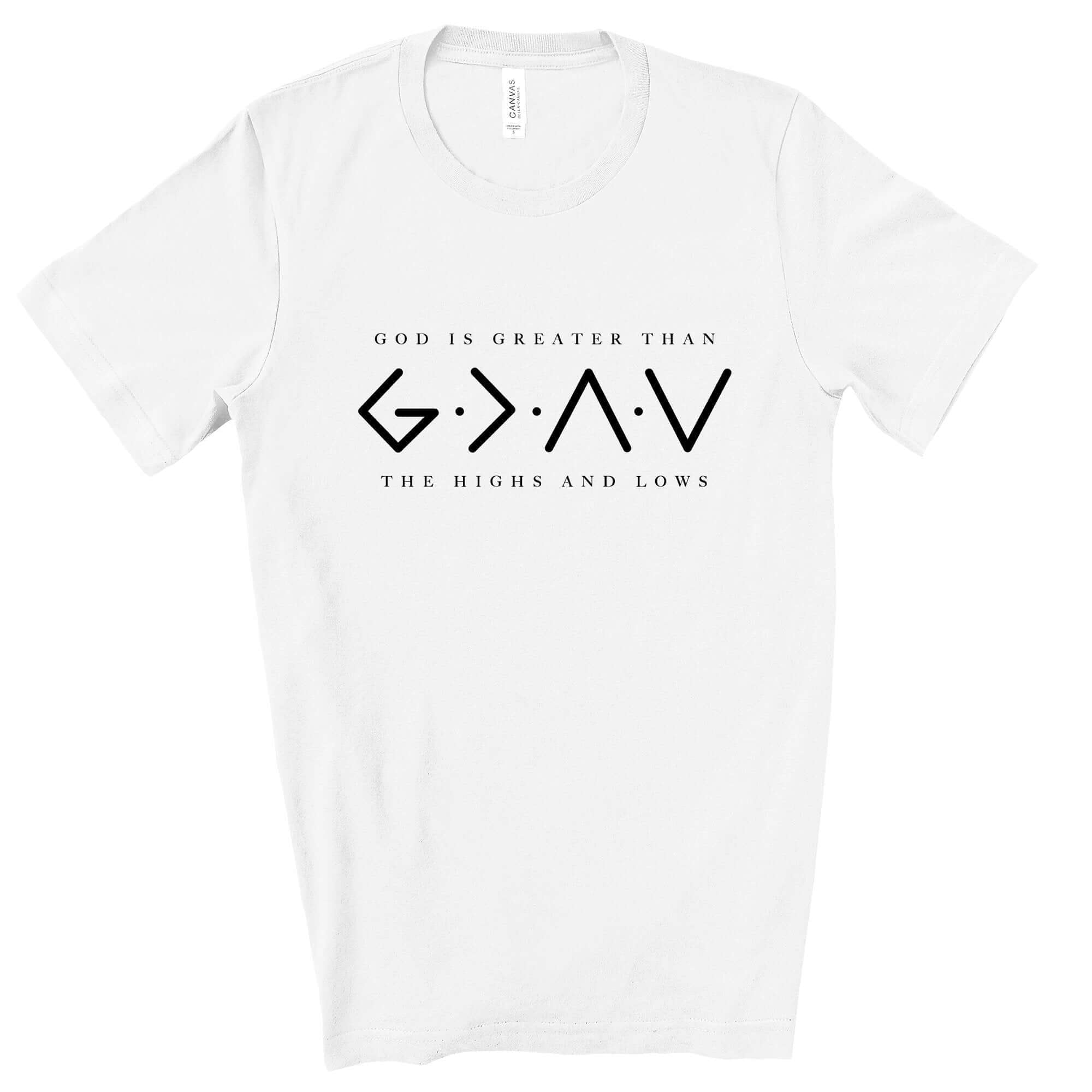 God Is Greatet Than the Highs and Lows Men's Jersey Short Sleeve Tee Size: XS Color: White Jesus Passion Apparel