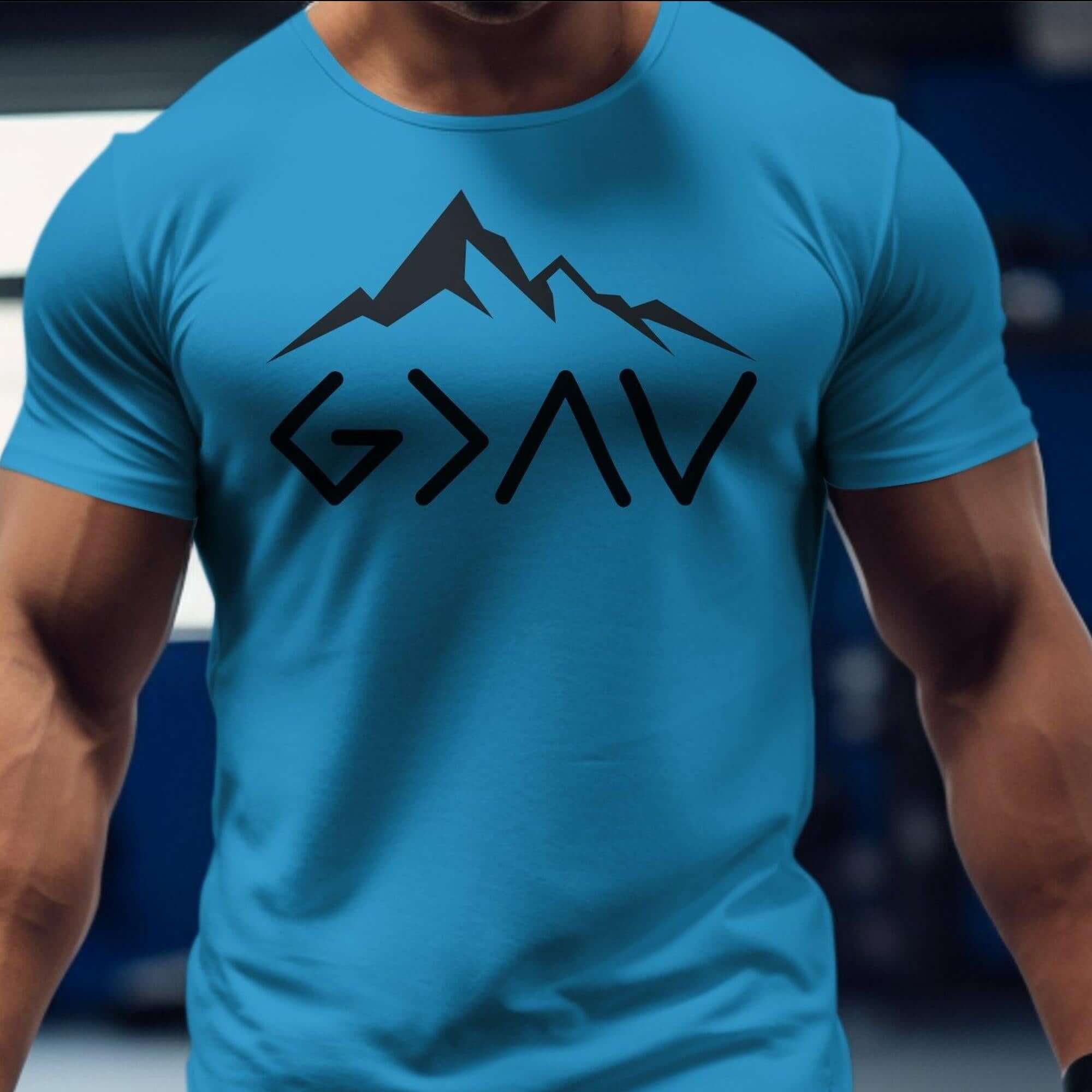 God is Greater Than the Highs and Lows Men's Jersey Short Sleeve Tee Size: XS Color: Aqua Jesus Passion Apparel