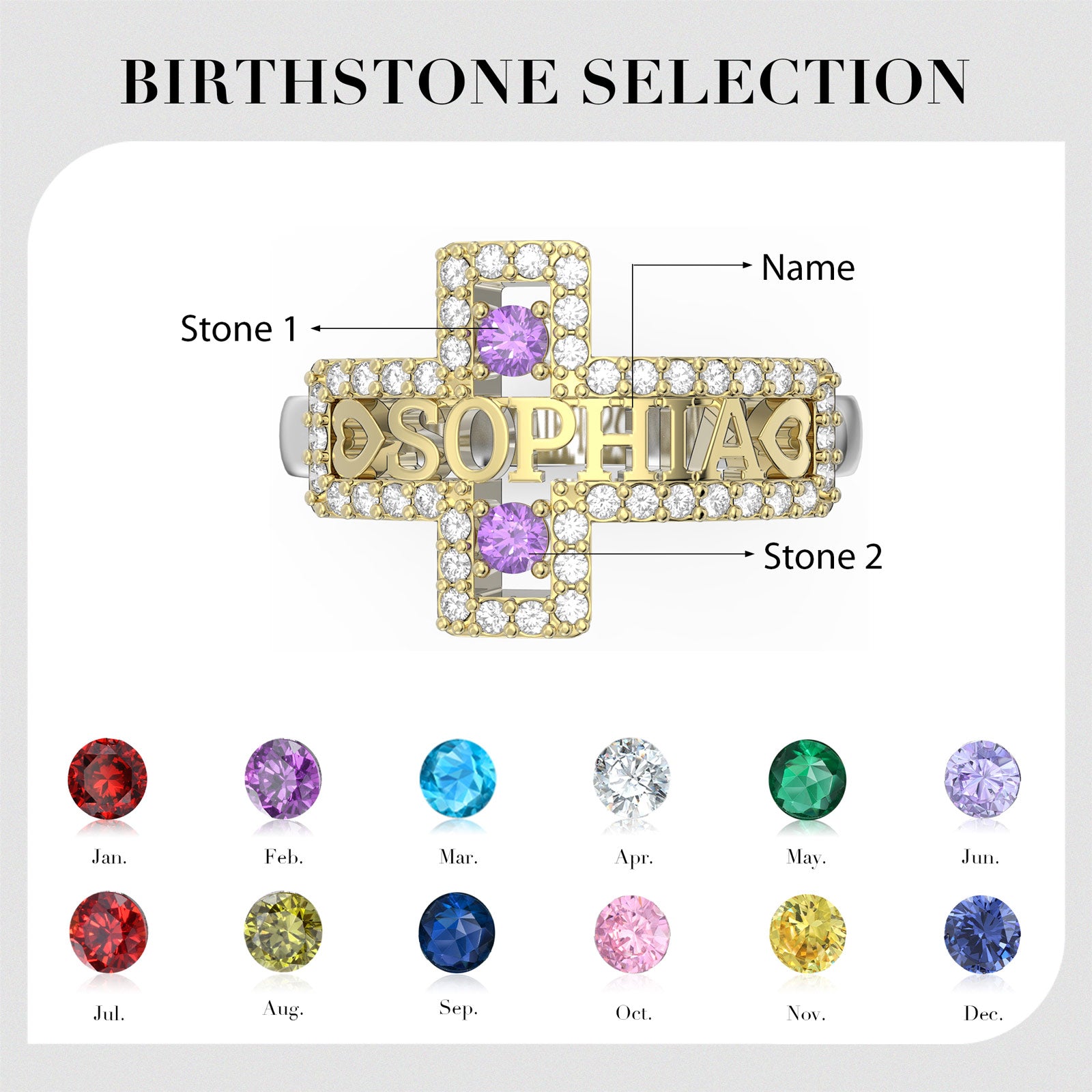 Personalized Name Birthstone Cross Ring Gold Plated, Rose Gold Plated Material: Copper Color: Gold Plated Jesus Passion Apparel