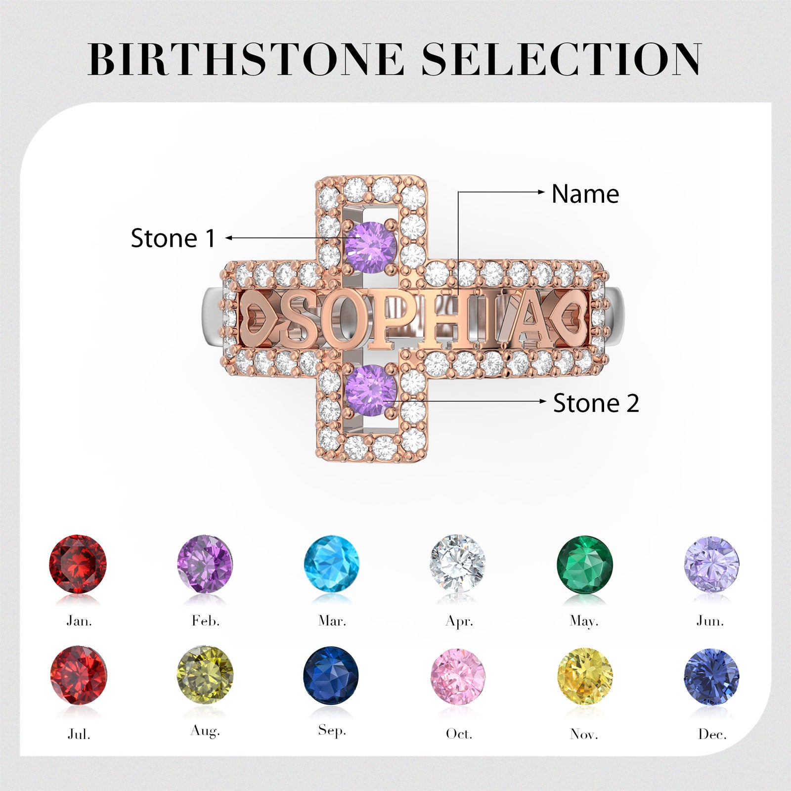 Personalized Name Birthstone Cross Ring Gold Plated, Rose Gold Plated Material: Copper Color: Rose Gold Plated Jesus Passion Apparel