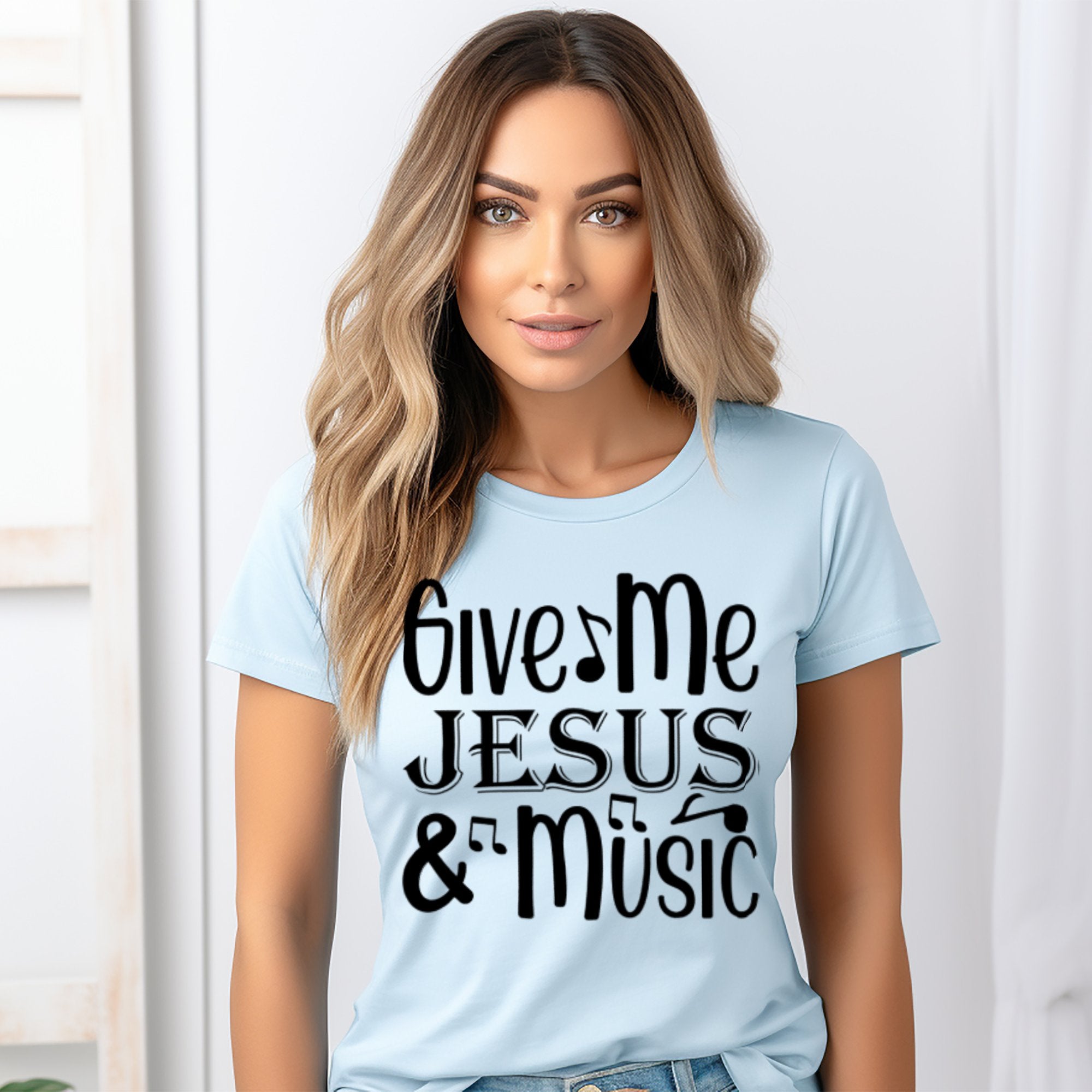 Give Me Jesus and Music Notes Detail Women's Jersey Short Sleeve T-Shirt Size: XS Color: Light Blue Jesus Passion Apparel