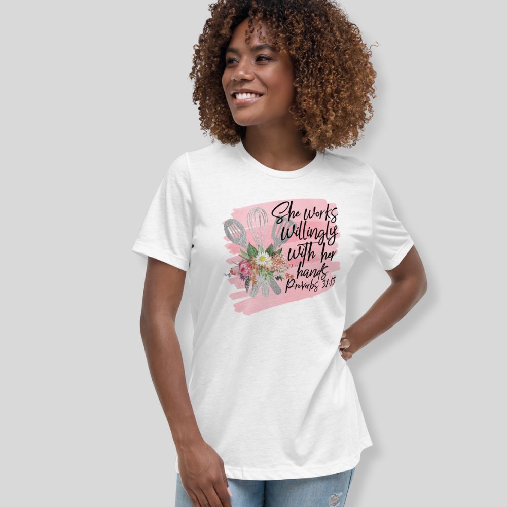 Chef - She Works Willingly Relaxed T-Shirt - Matching Tote Available Size: S Jesus Passion Apparel