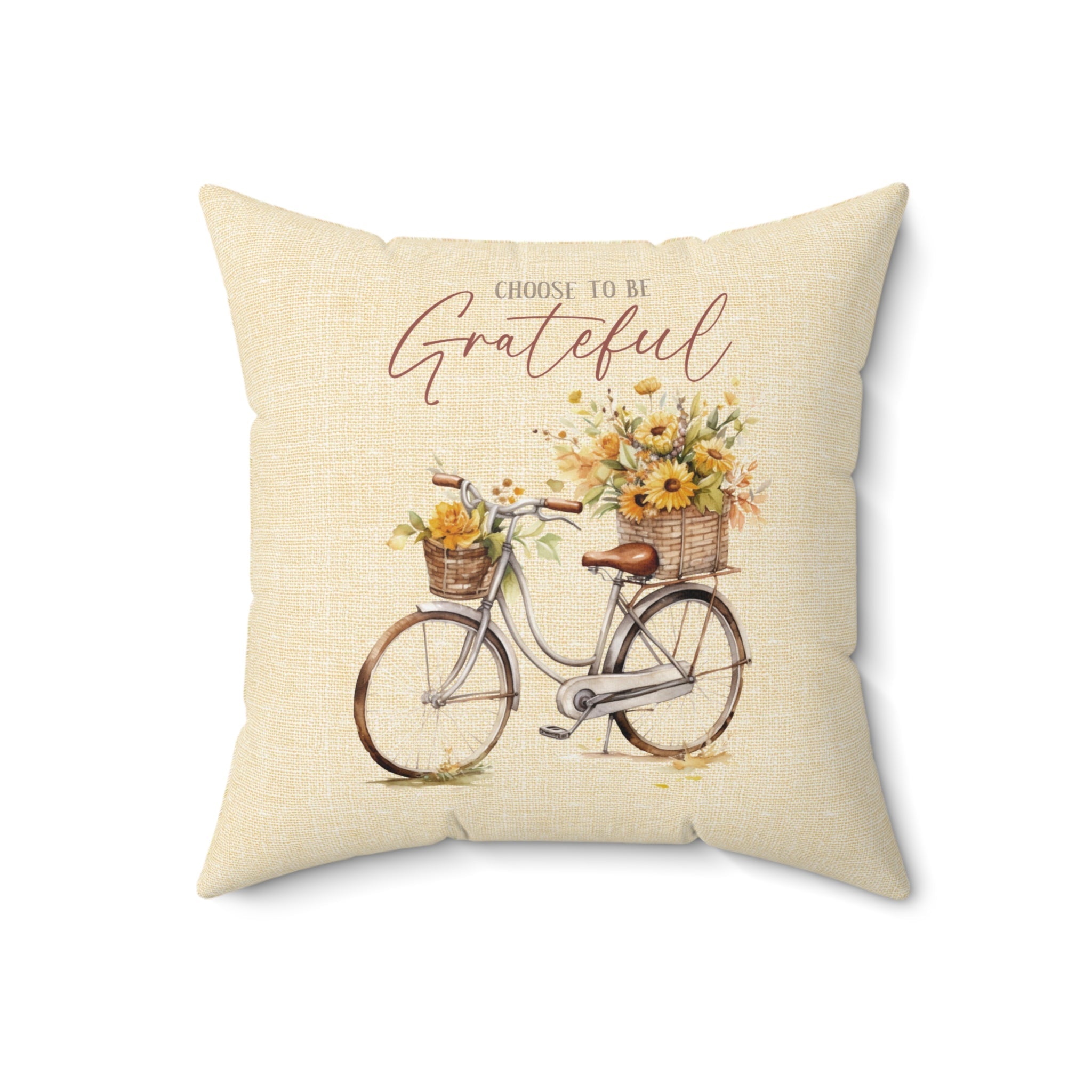 Choose To Be Grateful Bicycle and Flower Baskets on a Butter Linen Background Spun Polyester Square Pillow - Jesus Passion Apparel