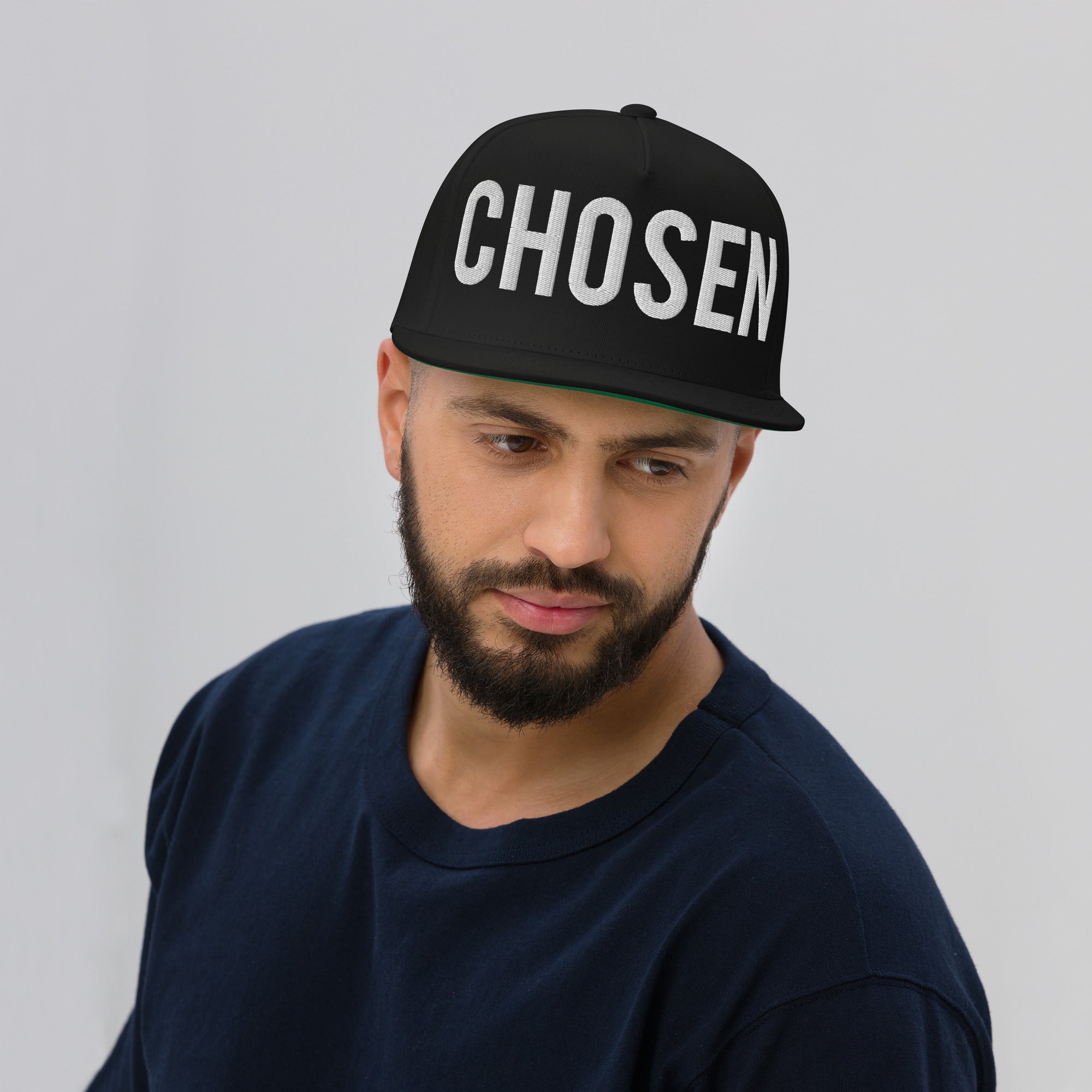 Chosen Flat Bill Cap - Black with Cross R side - Black with 3D Puff Embroidery - Jesus Passion Apparel