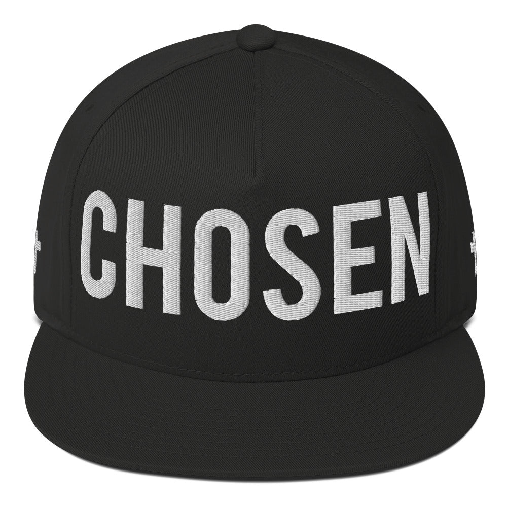 Chosen Flat Bill Cap - Black with Cross R side - Black with 3D Puff Embroidery - Jesus Passion Apparel