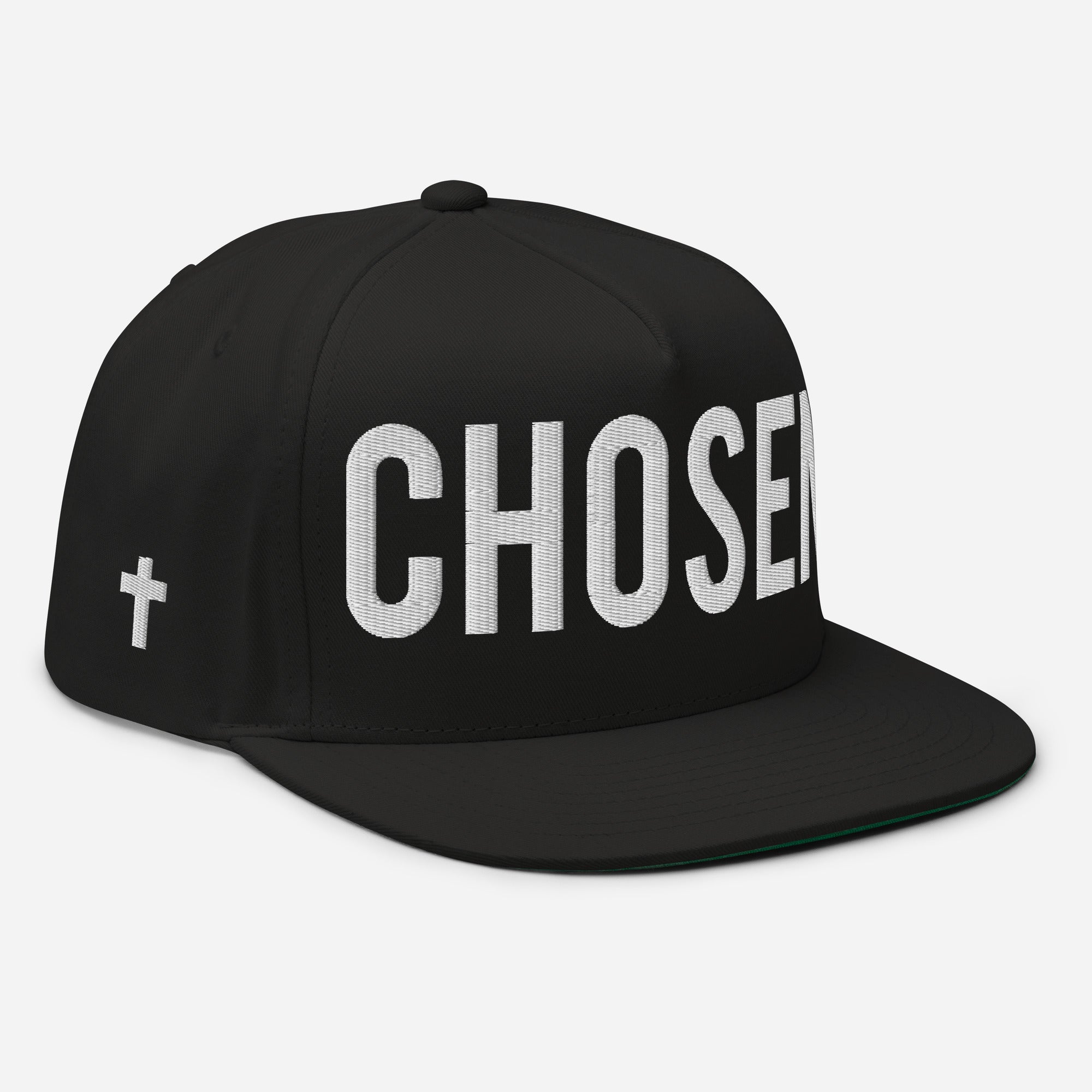 Chosen Flat Bill Cap - Black with Cross R side - Black with 3D Puff Embroidery - Jesus Passion Apparel