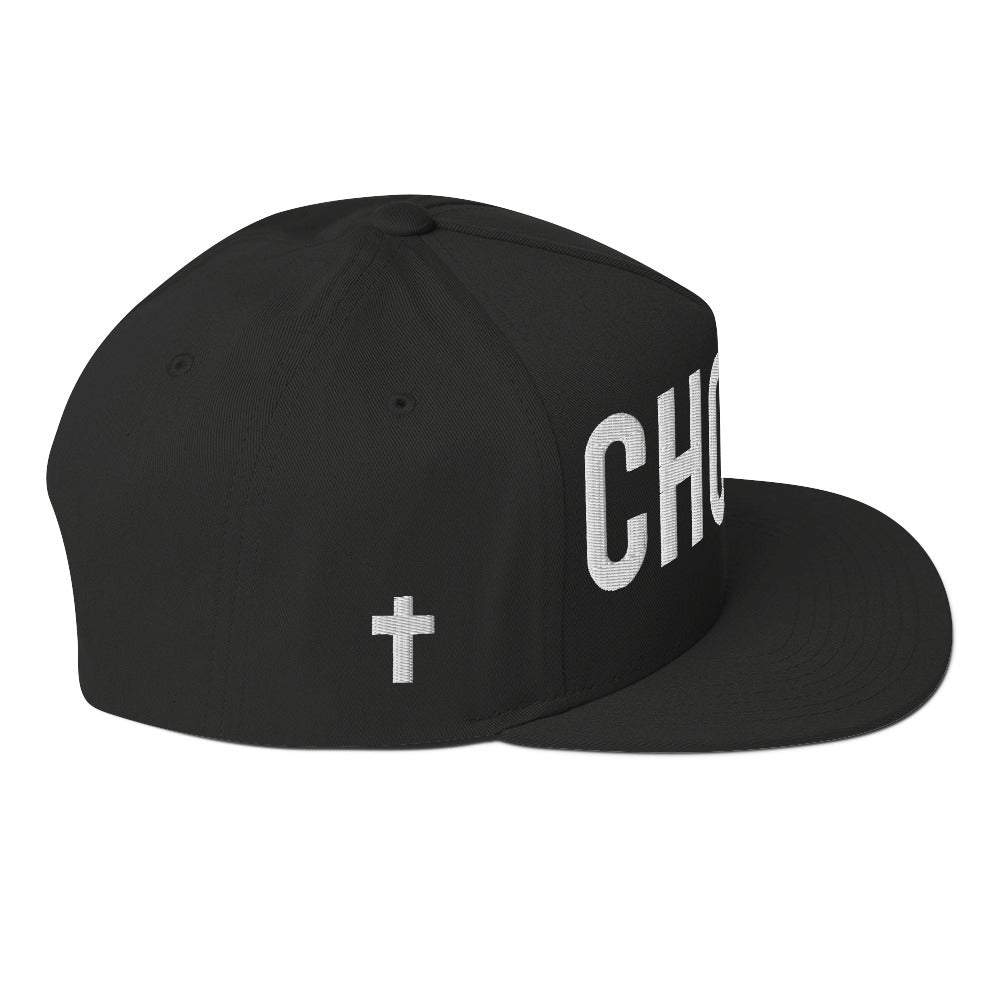 Chosen Flat Bill Cap - Black with Cross R side - Black with 3D Puff Embroidery - Jesus Passion Apparel