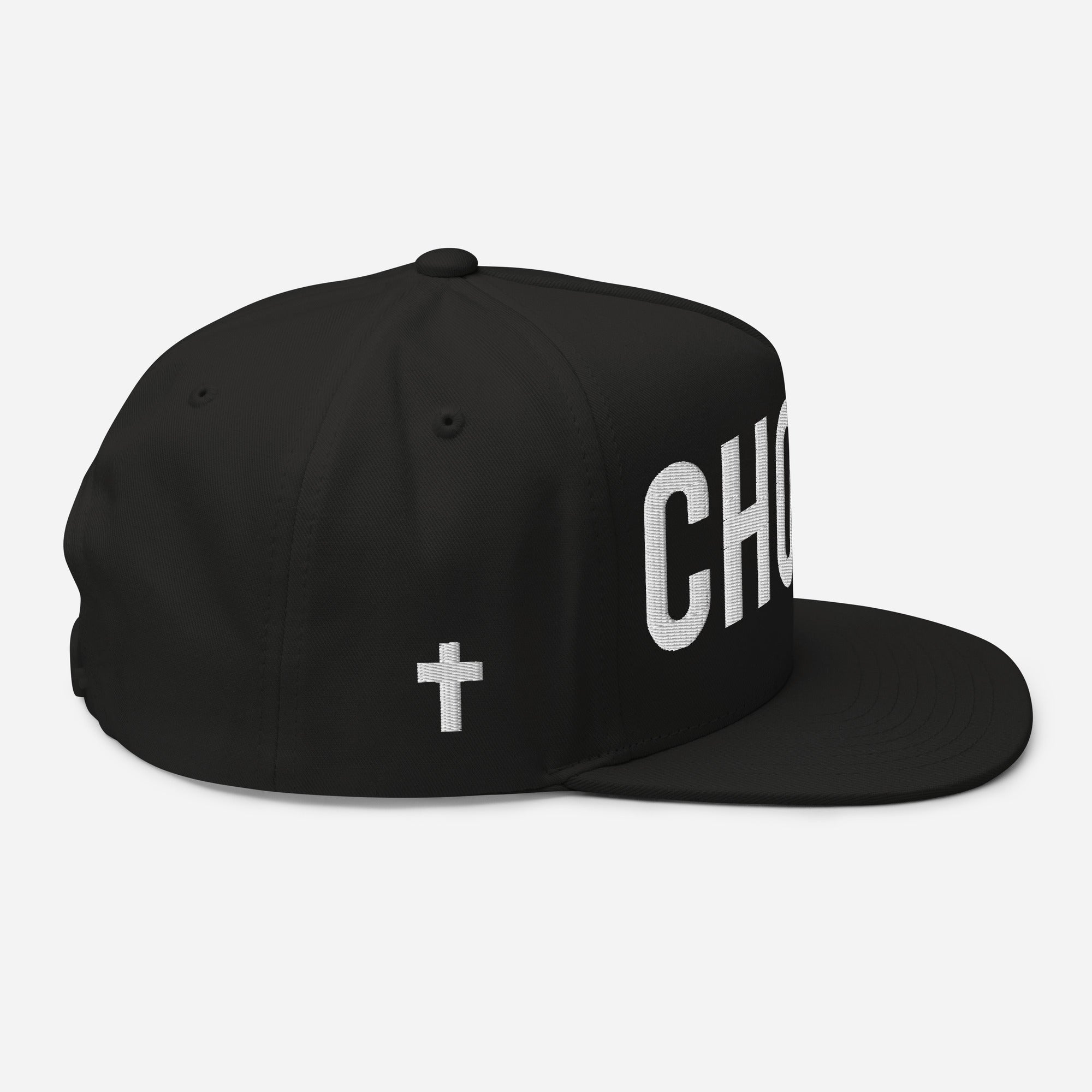 Chosen Flat Bill Cap - Black with Cross R side - Black with 3D Puff Embroidery - Jesus Passion Apparel